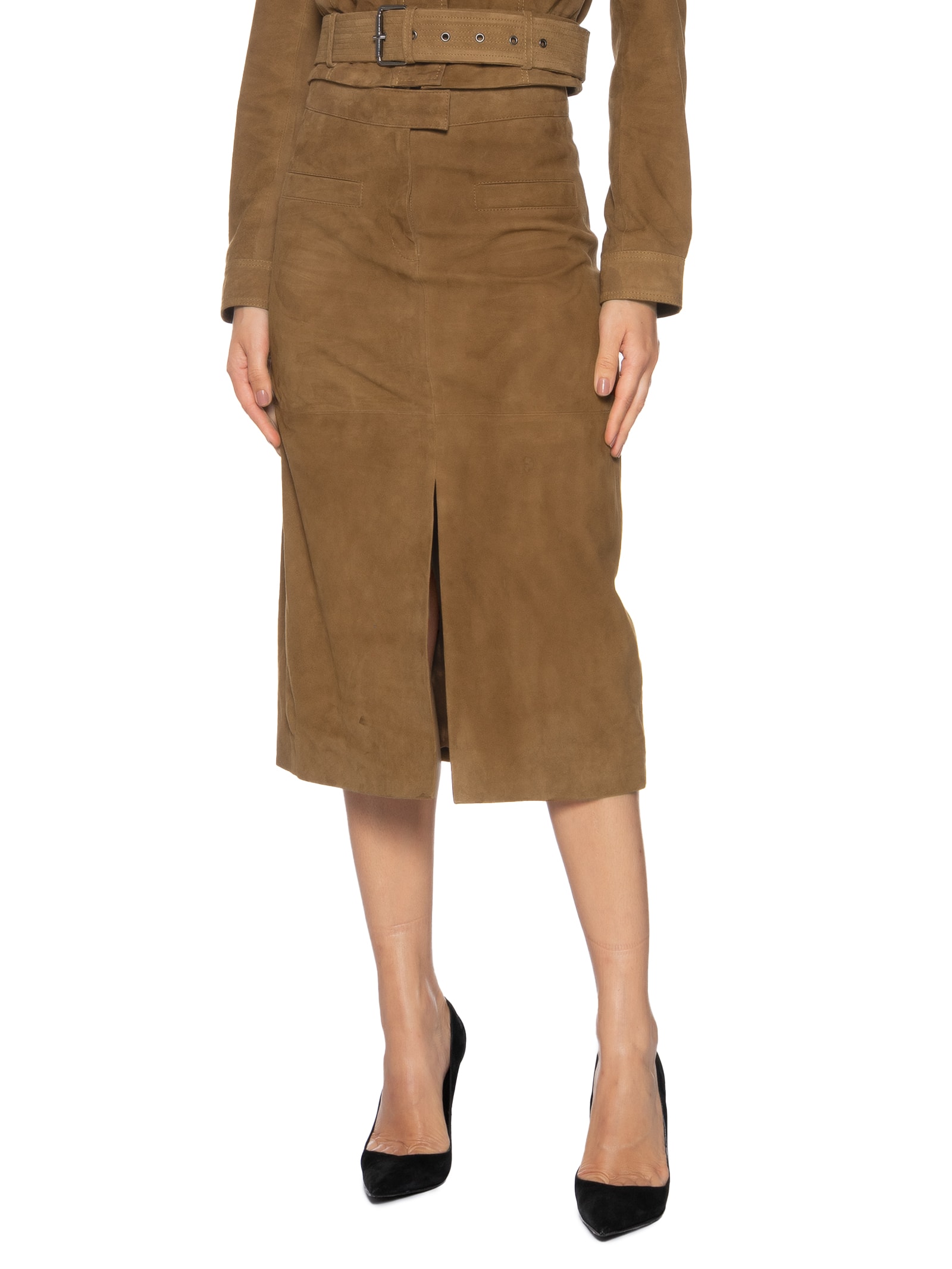 Saia Feminina Midi Com Fenda Em Suede Marrom '2Essential