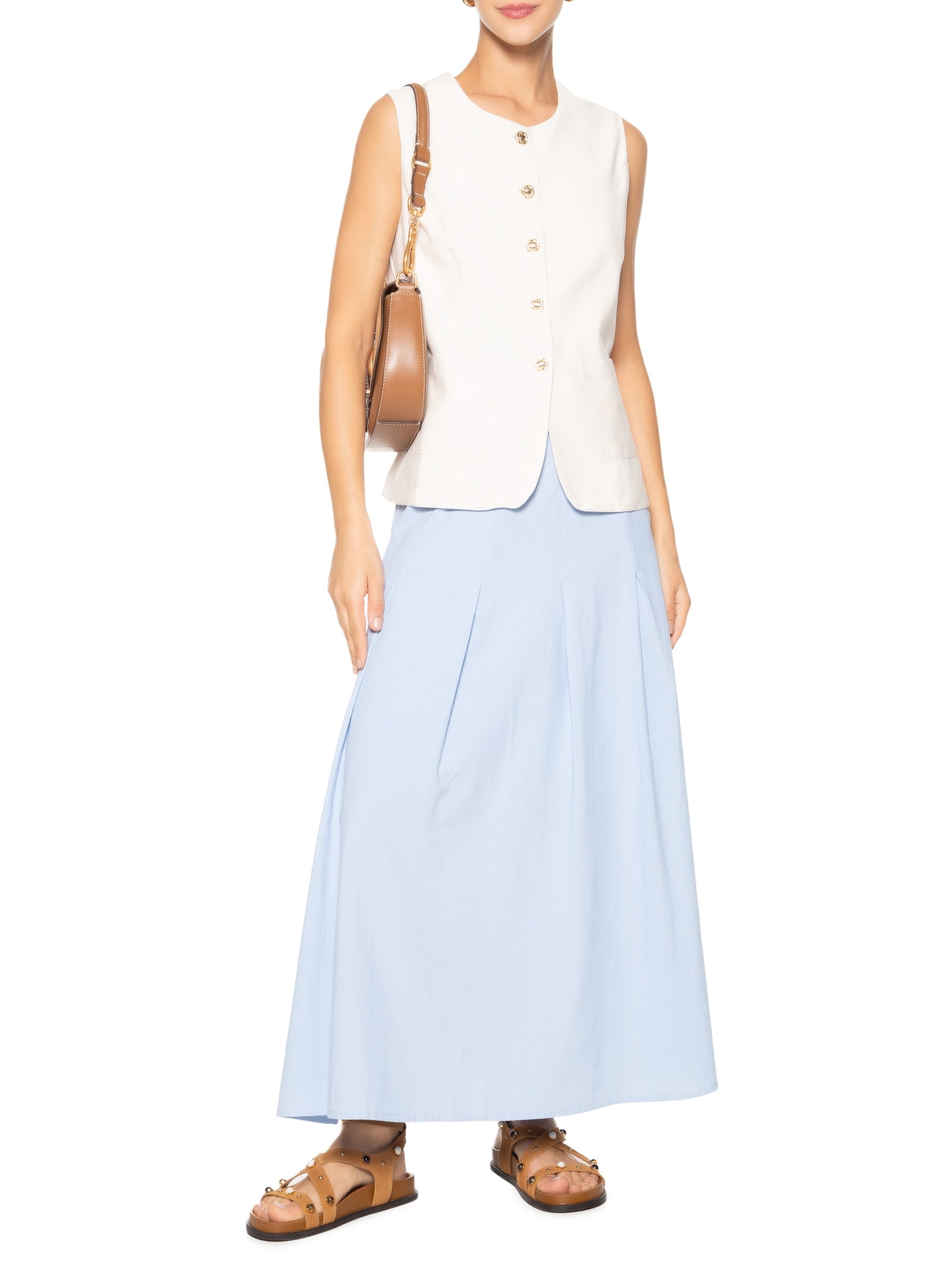 Saia Feminina Midi Com Pregas Azul  Basiq