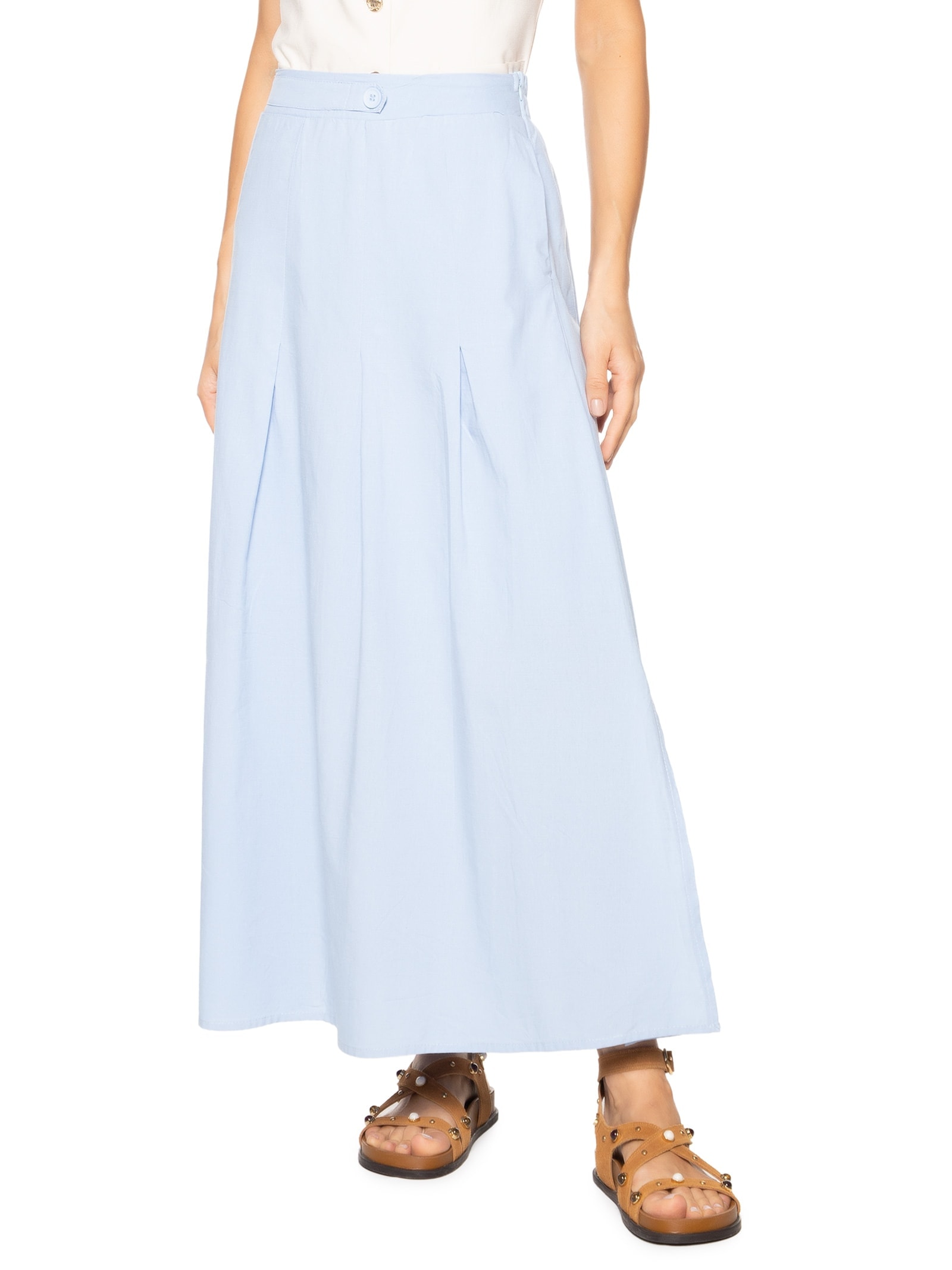 Saia Feminina Midi Com Pregas Azul  Basiq