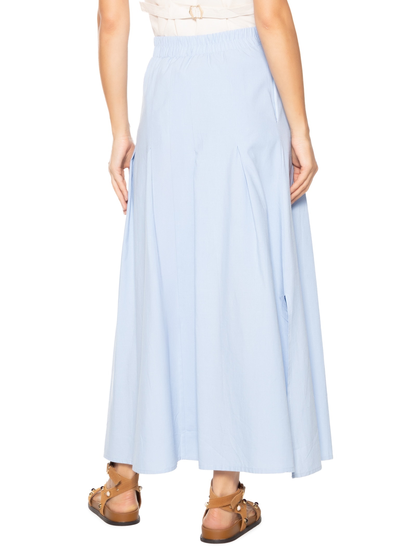 Saia Feminina Midi Com Pregas Azul  Basiq