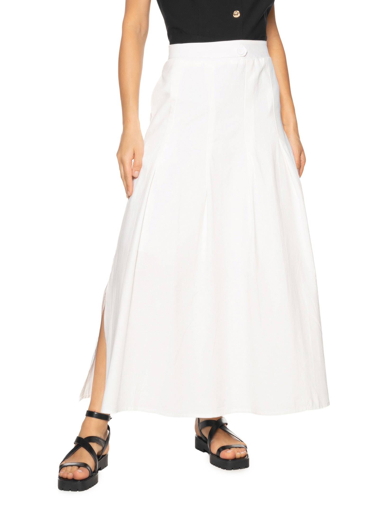 Saia Feminina Midi Com Pregas Off White Basiq