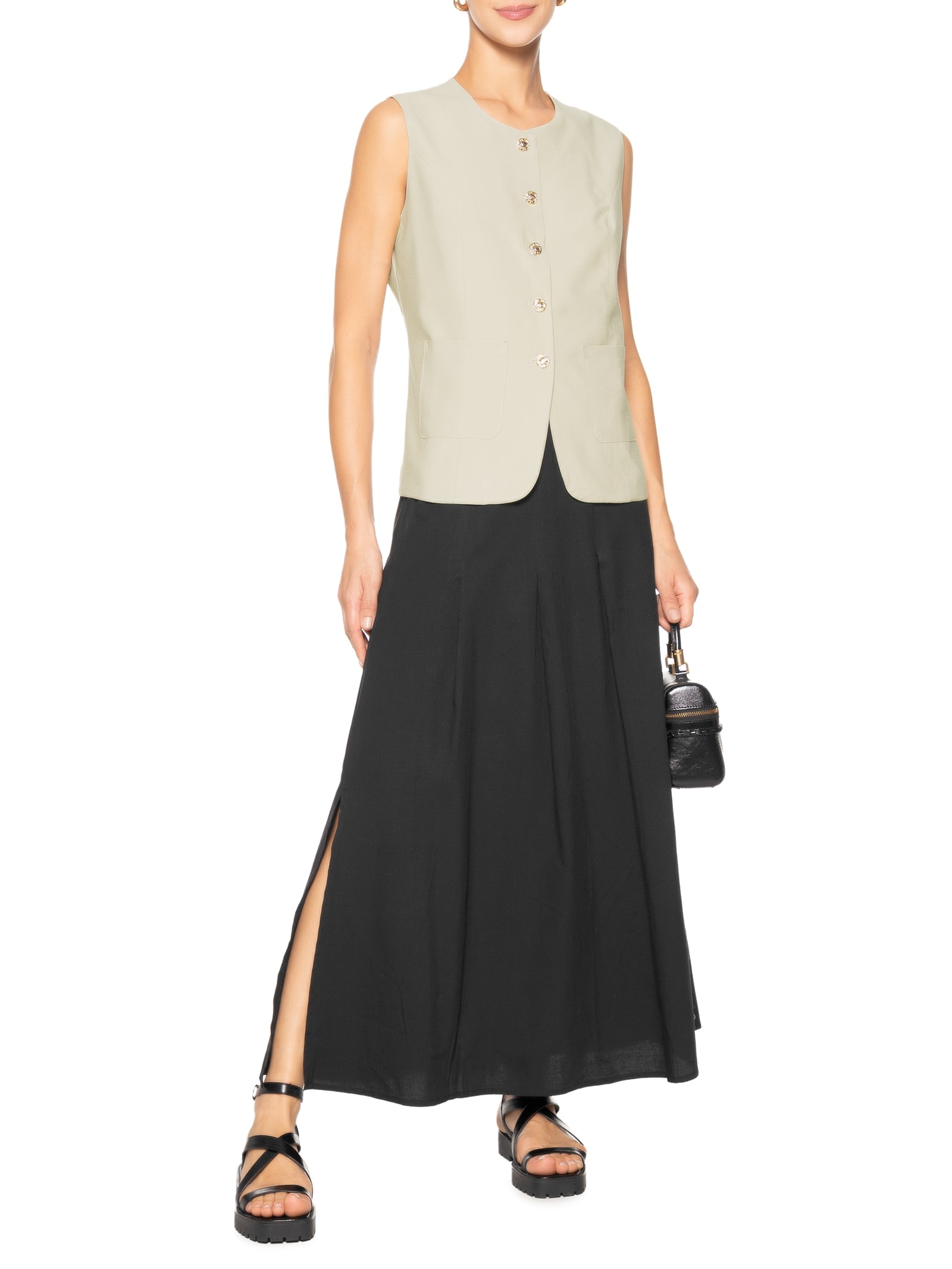 Saia Feminina Midi Com Pregas Preto Basiq