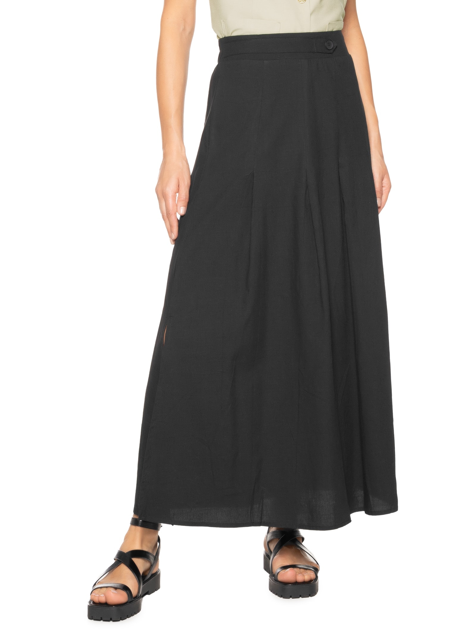 Saia Feminina Midi Com Pregas Preto Basiq