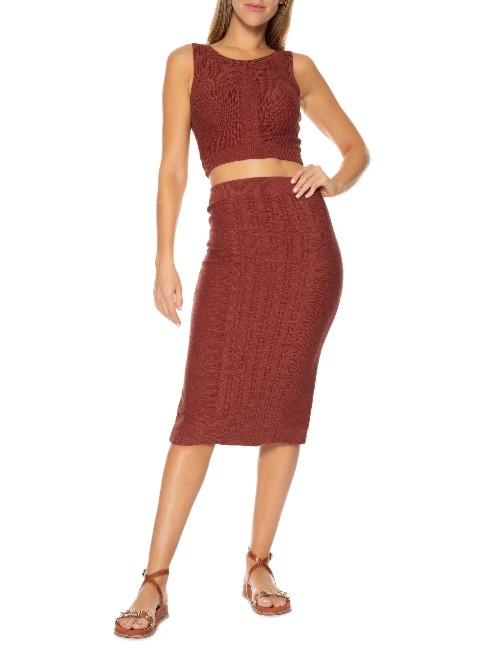 Saia Feminina Tricot Midi Texturizada Vermelho Basiq