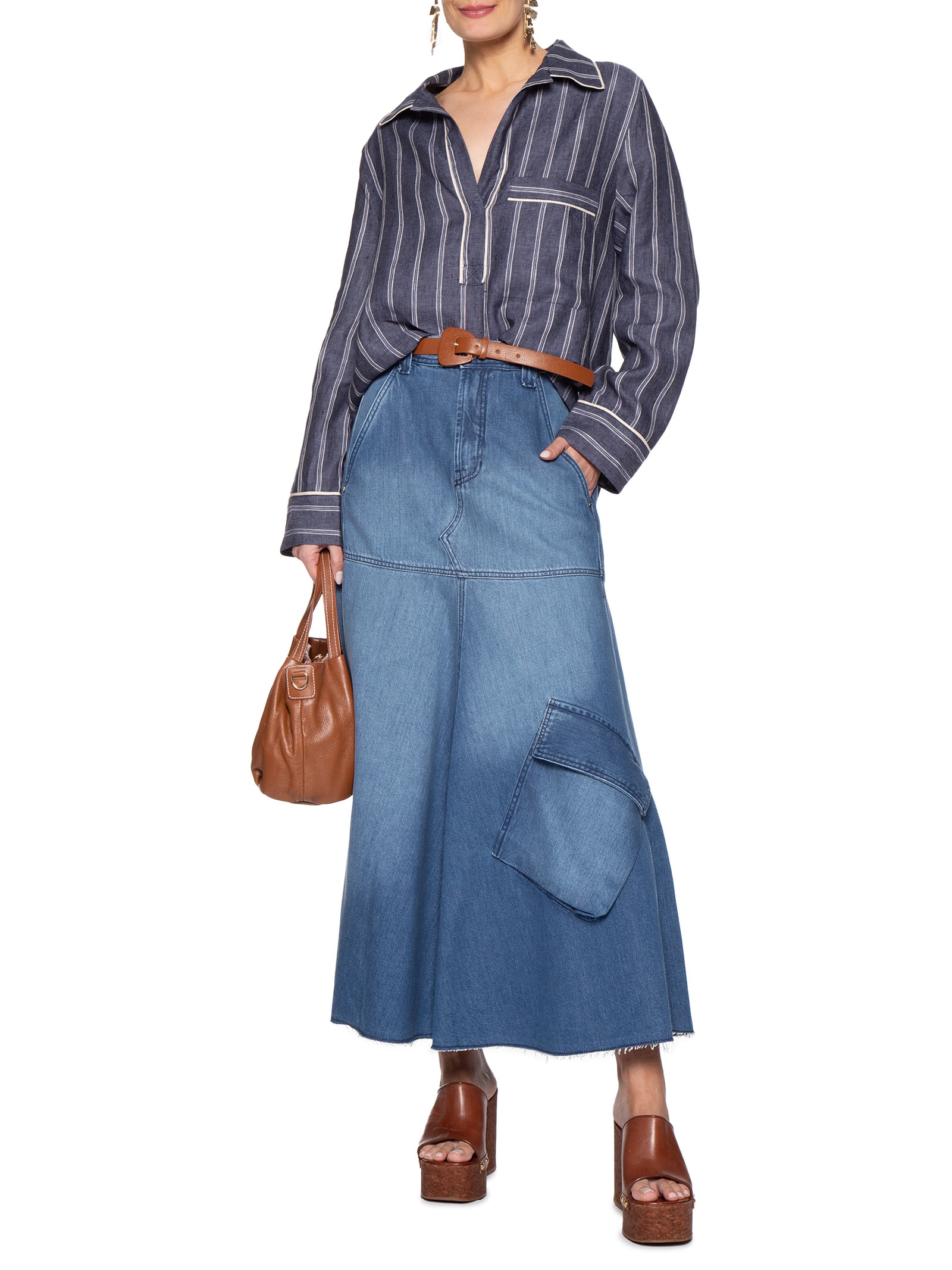 Saia Jeans Bolsos Evasê Azul Animale