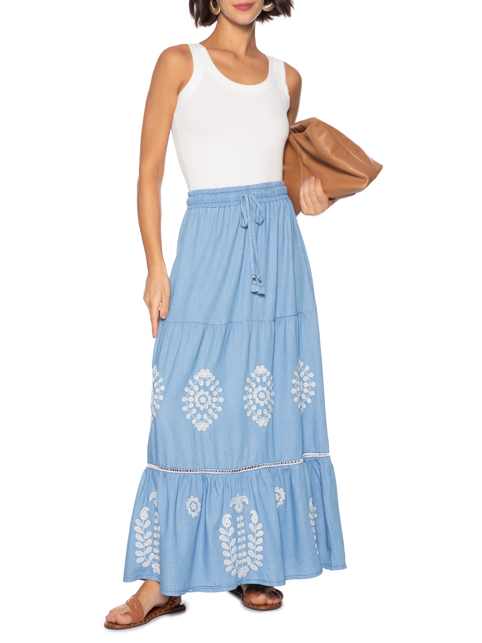 Saia Jeans Bordado Boho Azul Cantão