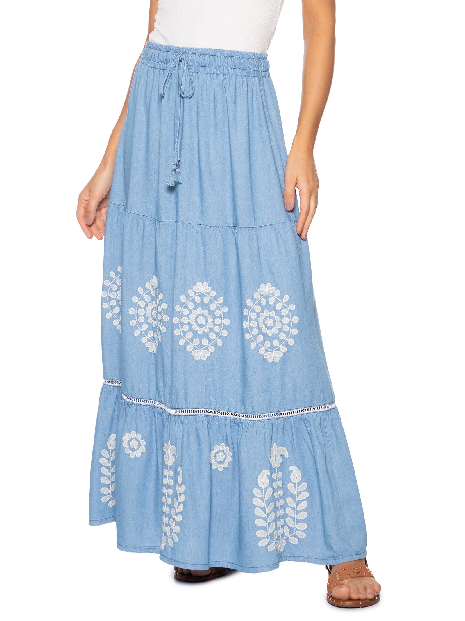 Saia Jeans Bordado Boho Azul Cantão