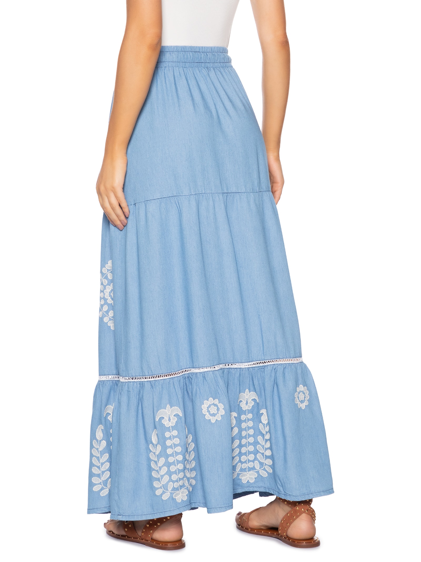 Saia Jeans Bordado Boho Azul Cantão