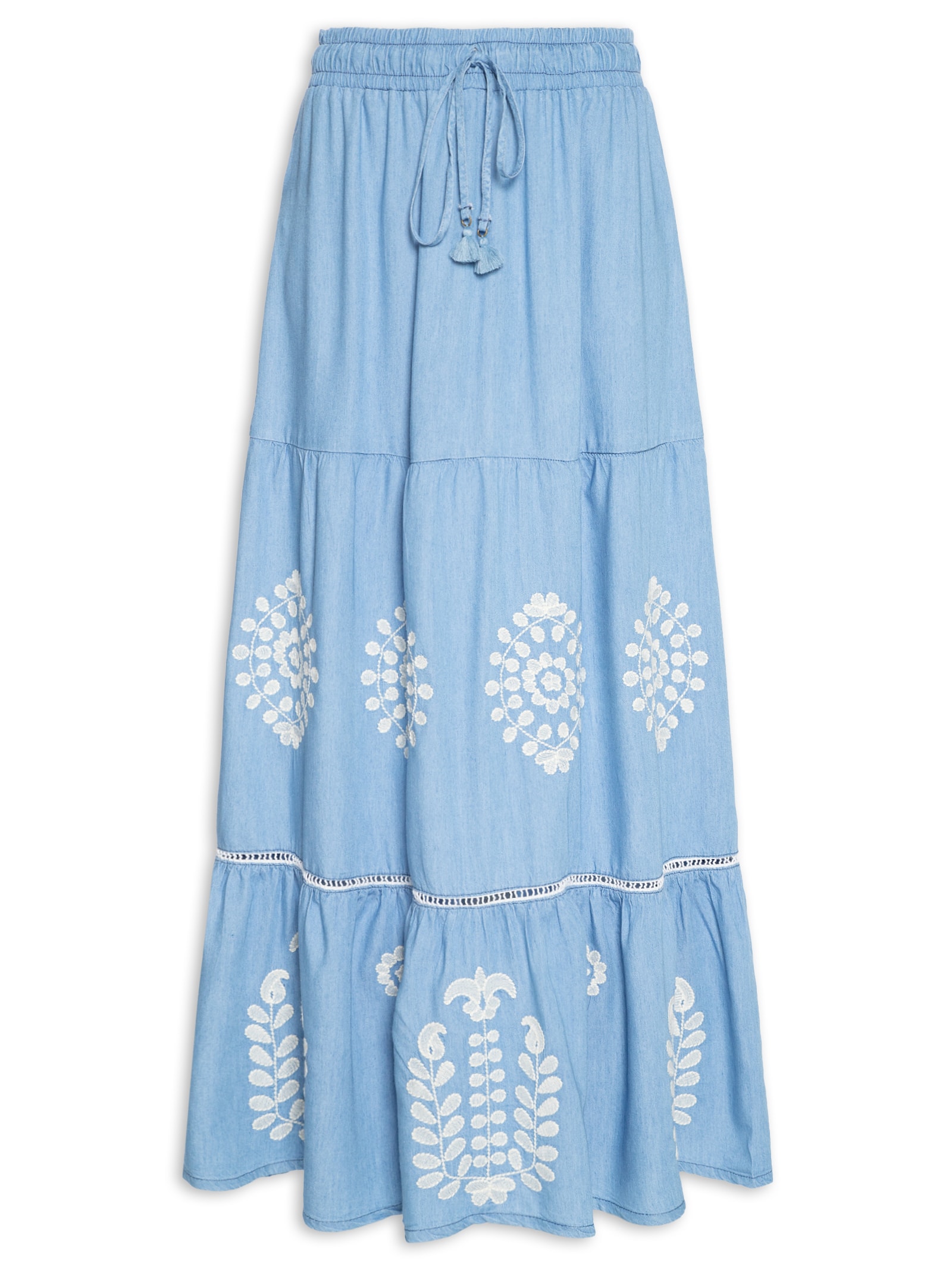 Saia Jeans Bordado Boho Azul Cantão