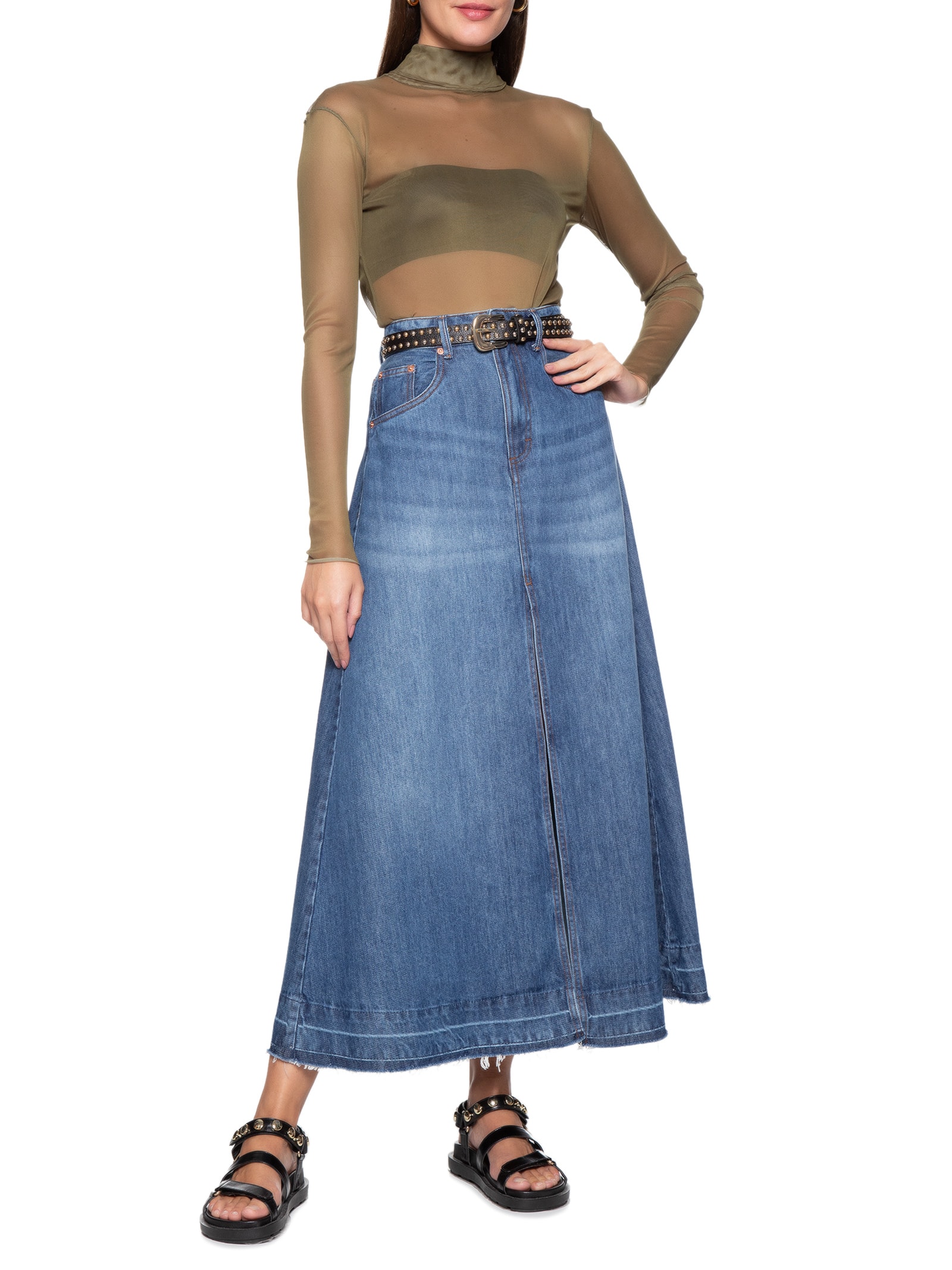 Saia Jeans Longa Com Fenda Animale Jeans Azul