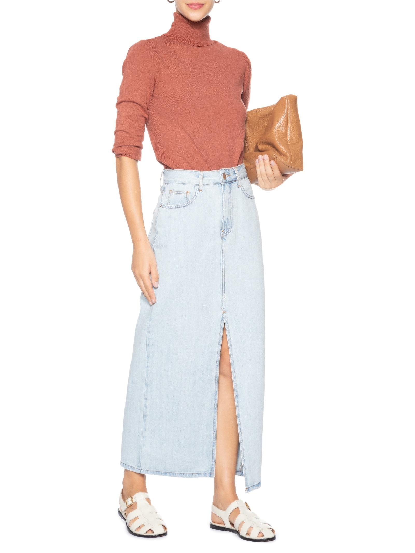 Saia Jeans Midi Com Fenda Azul Basiq