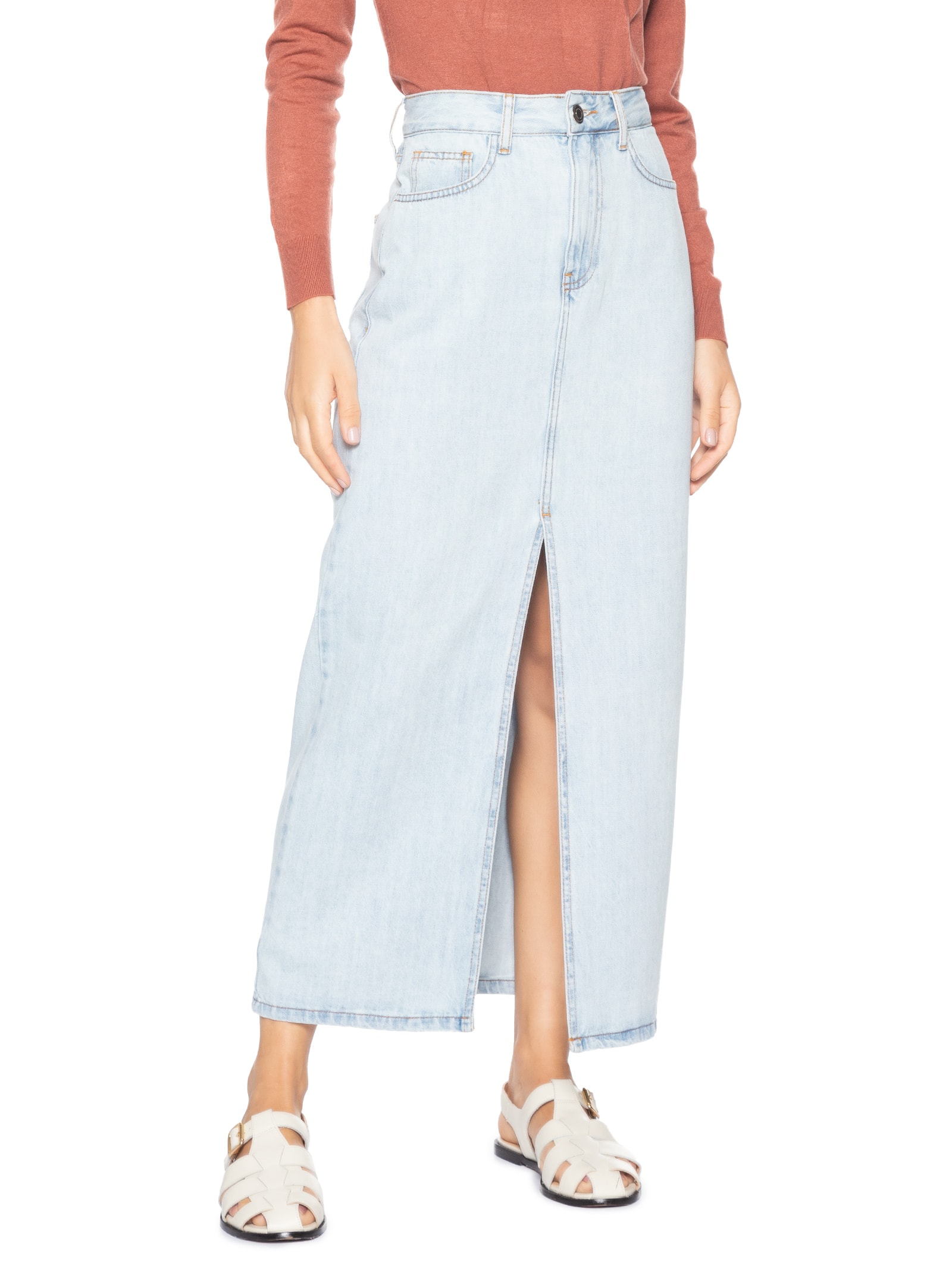 Saia Jeans Midi Com Fenda Azul Basiq