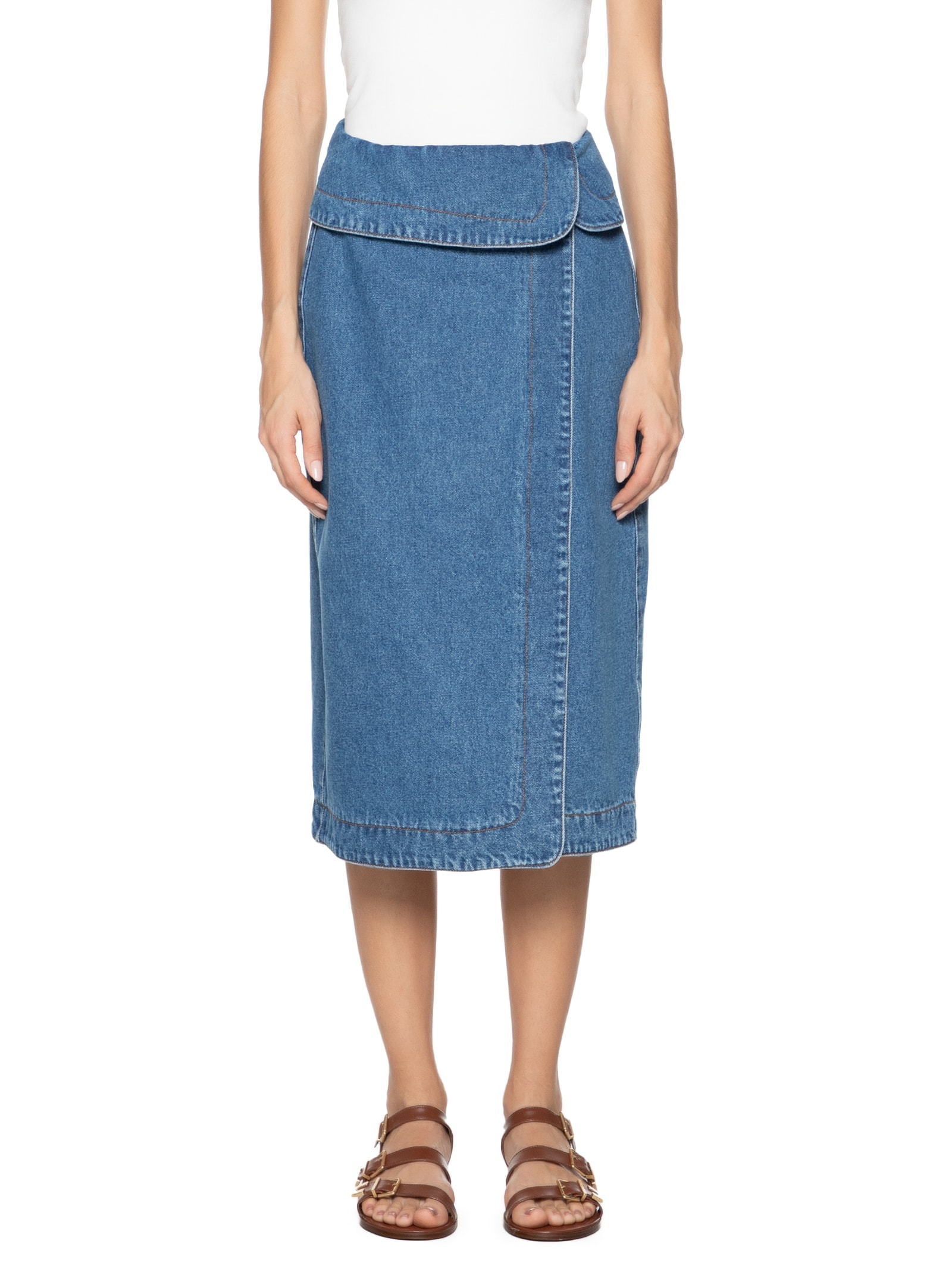 Saia Jeans Midi Envelope Azul Farm
