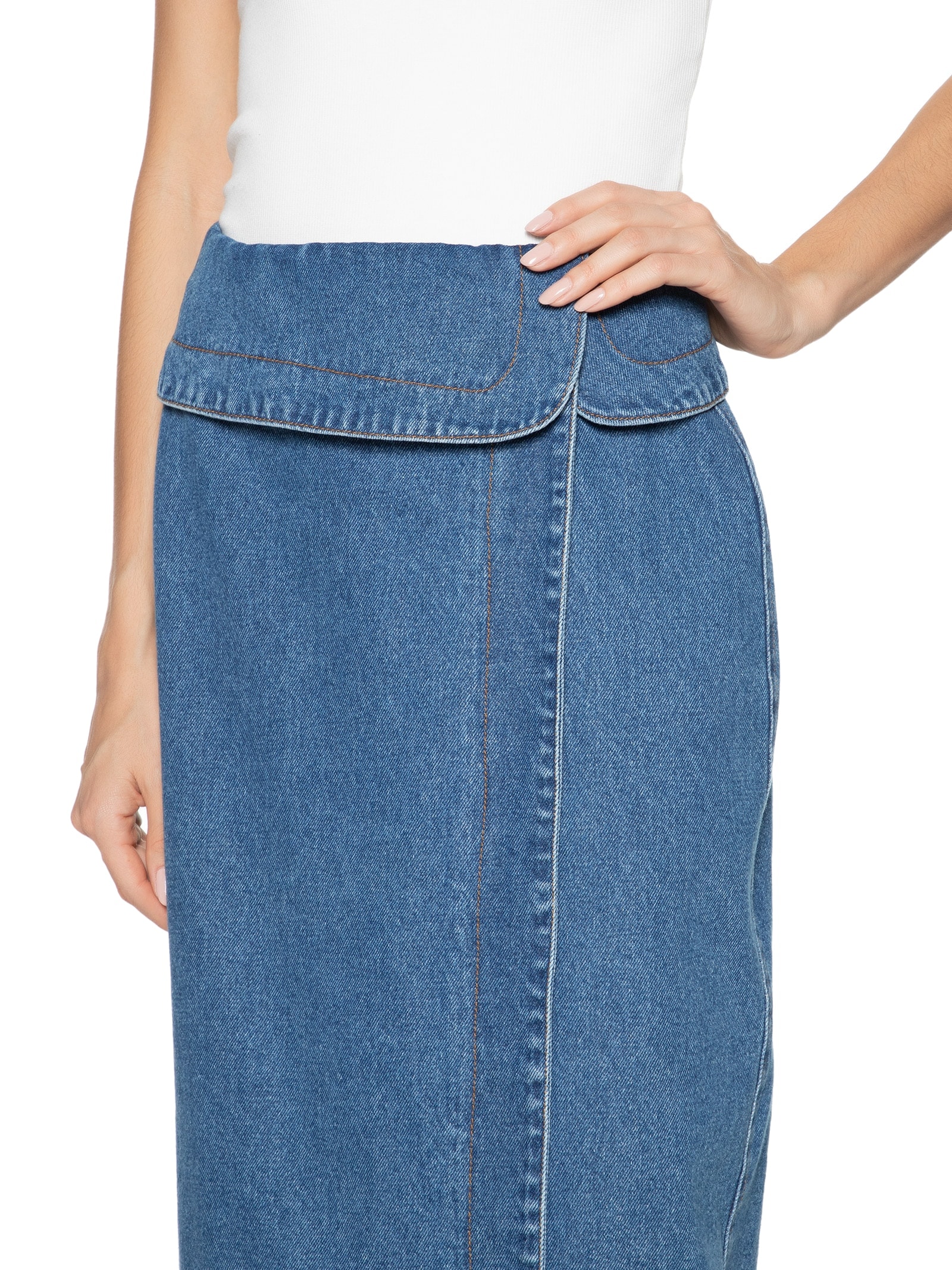Saia Jeans Midi Envelope Azul Farm