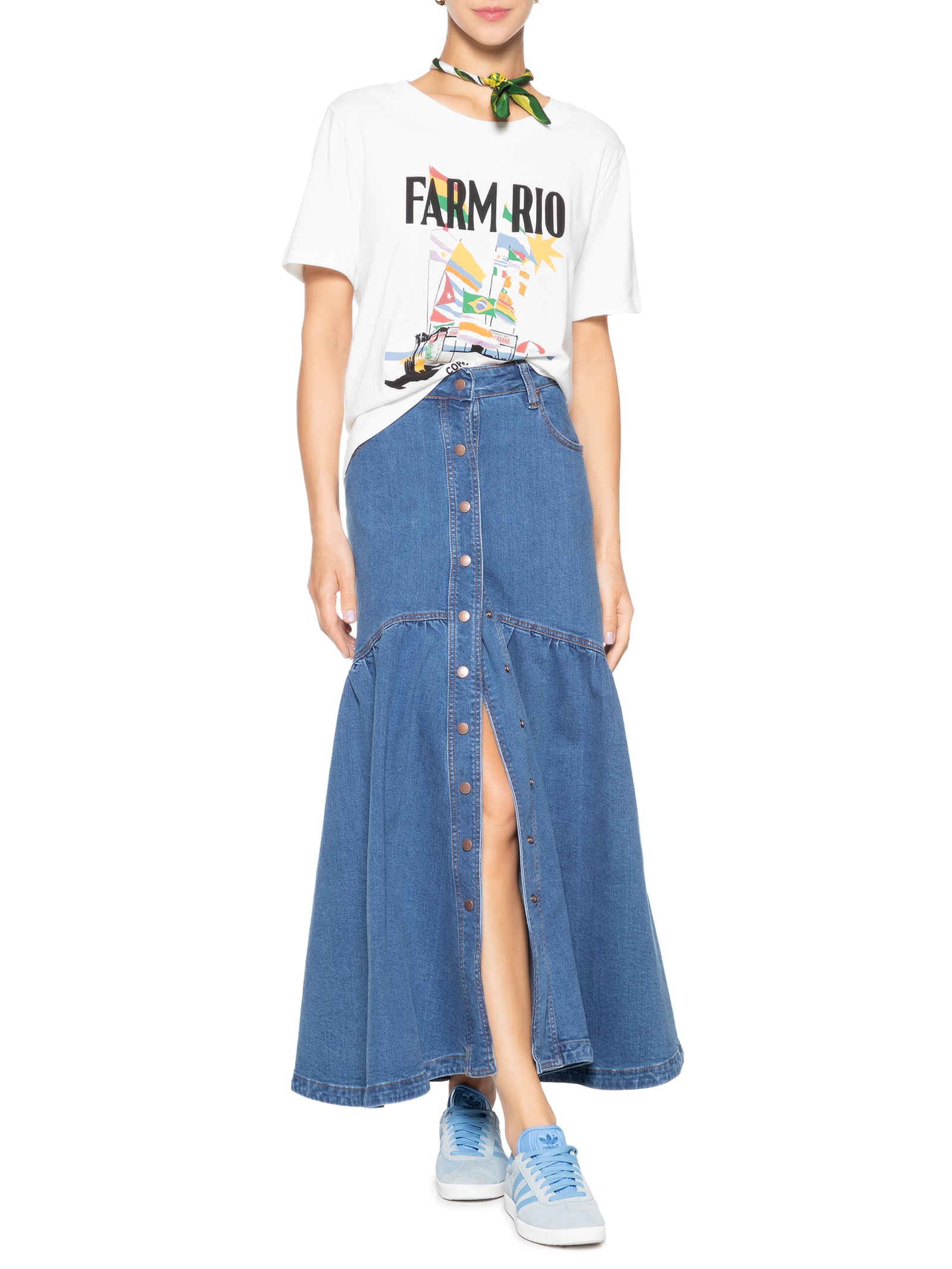 Saia Jeans Midi Recorte Botões Farm Azul