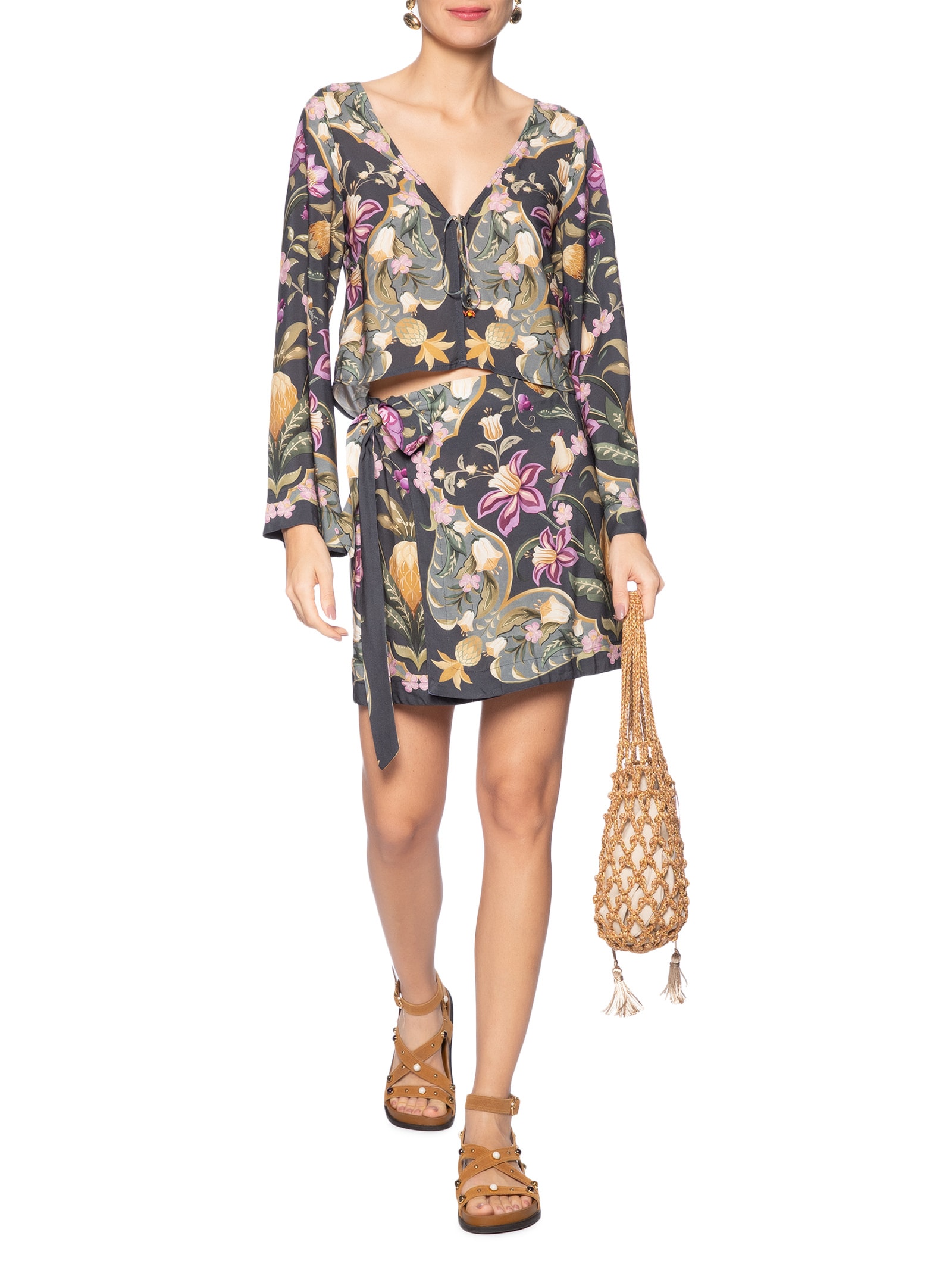 Saia Lenço Floral Talita Cinza  Farm