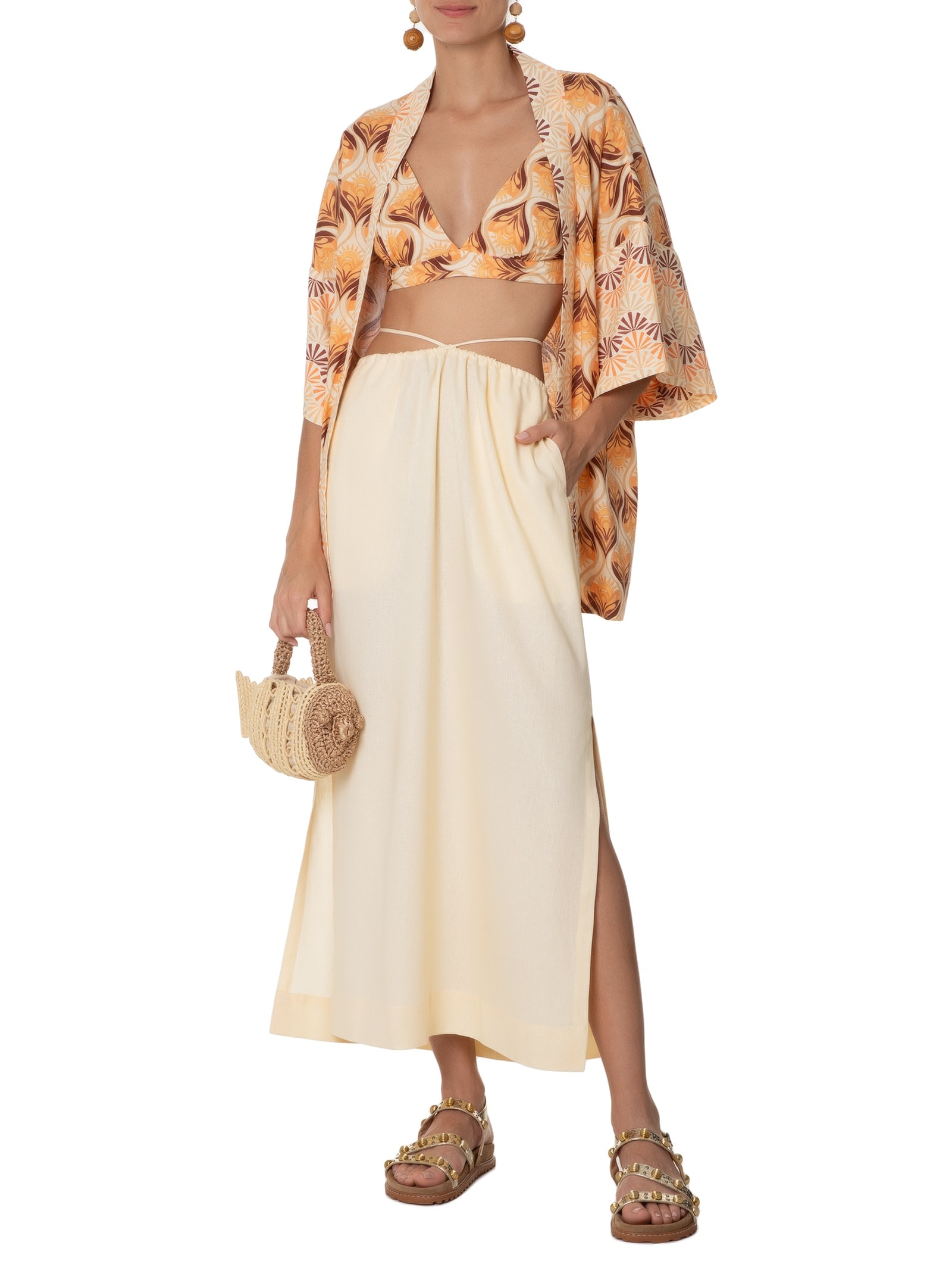 Saia Linho Cropped Amarração Cintura Amarelo  Dress To