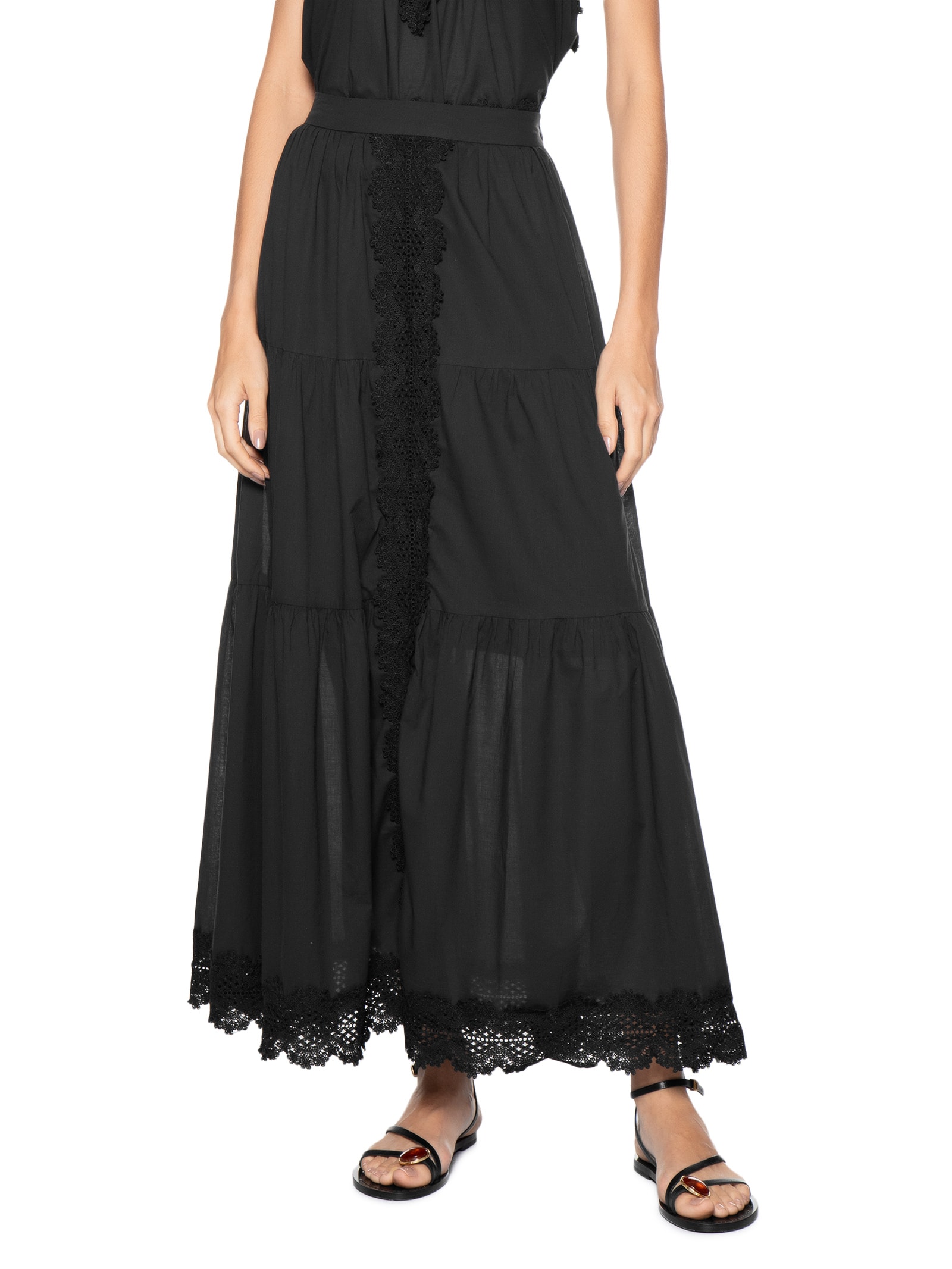 Saia Longa Algodão Com Renda Preto Dress To