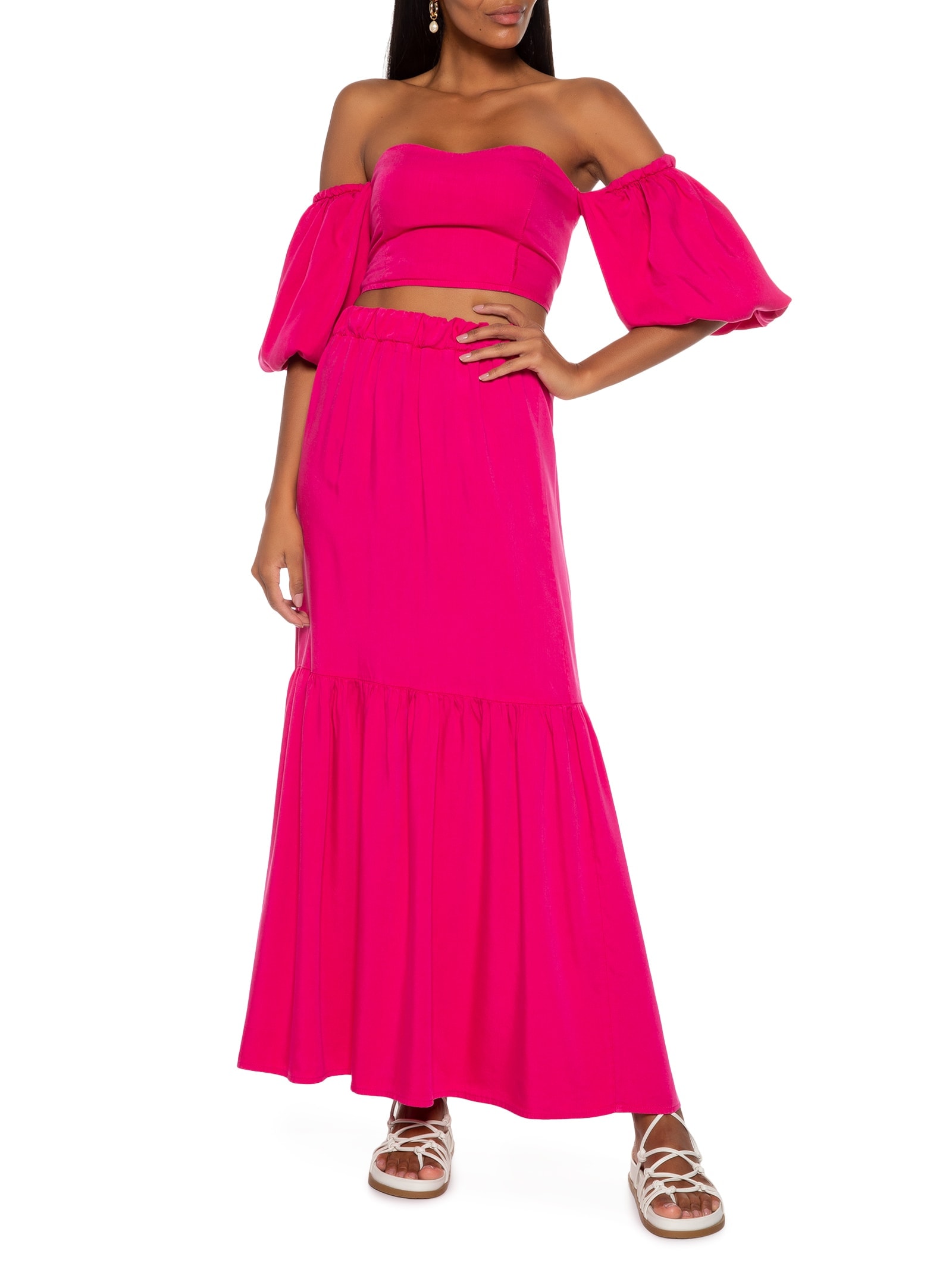 Saia Longa Cós Franzido Tencel Rosa Canal