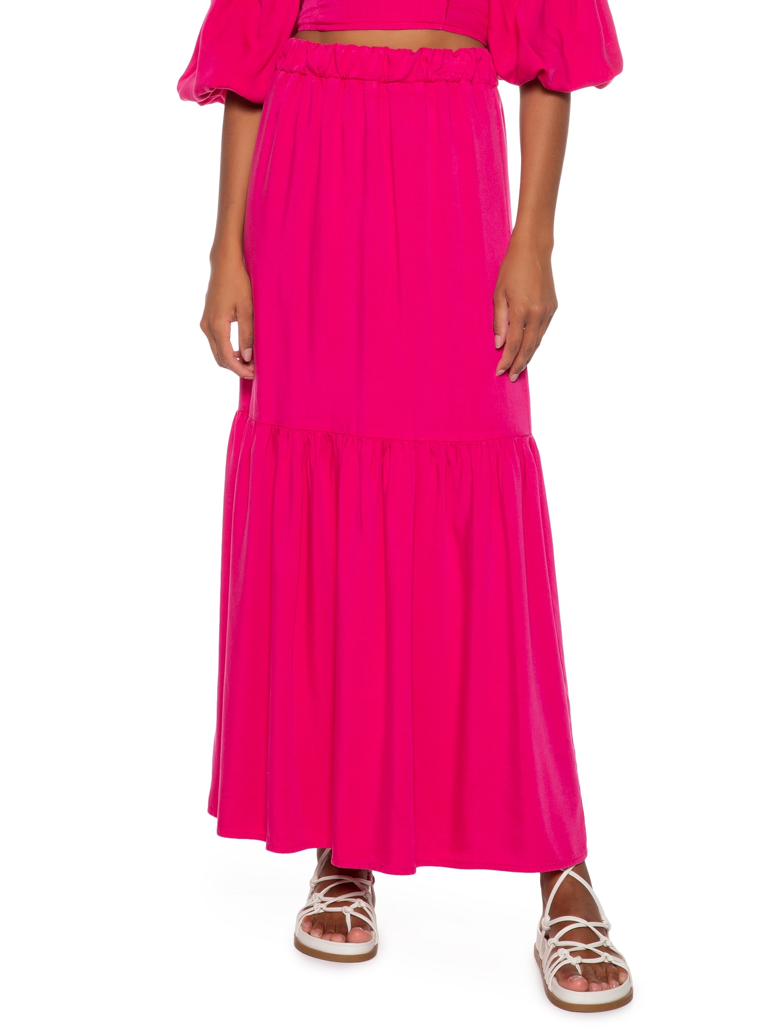 Saia Longa Cós Franzido Tencel Rosa Canal
