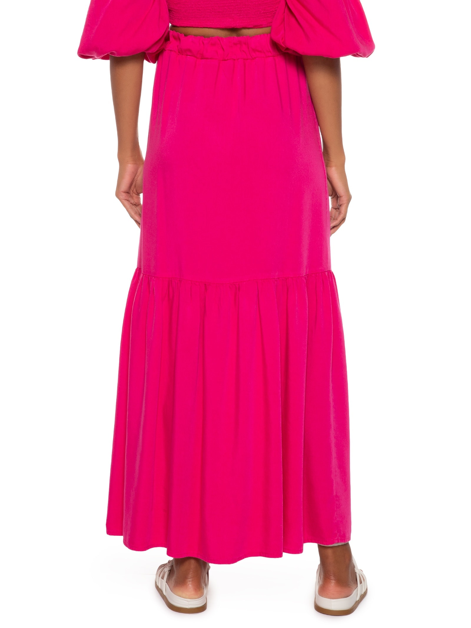 Saia Longa Cós Franzido Tencel Rosa Canal