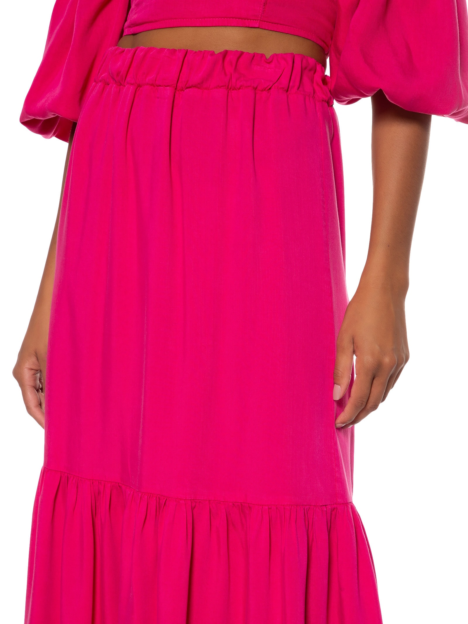 Saia Longa Cós Franzido Tencel Rosa Canal