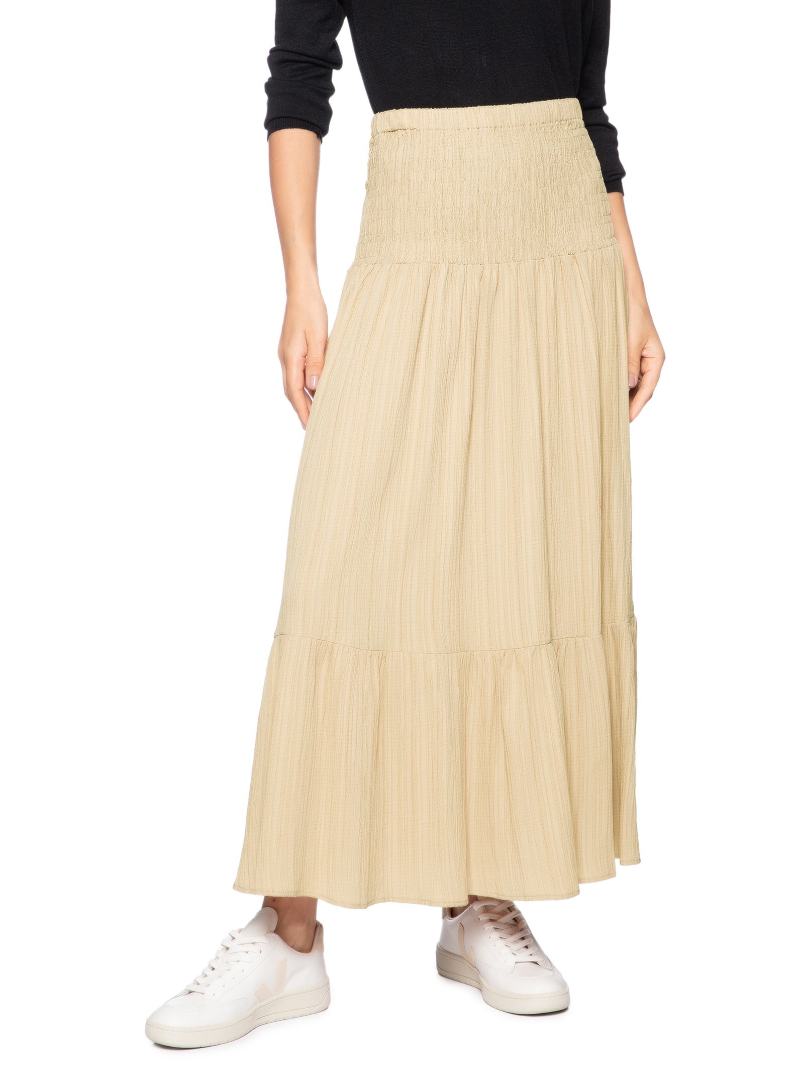 Saia Longa Cós Largo Elástico Bege Basiq