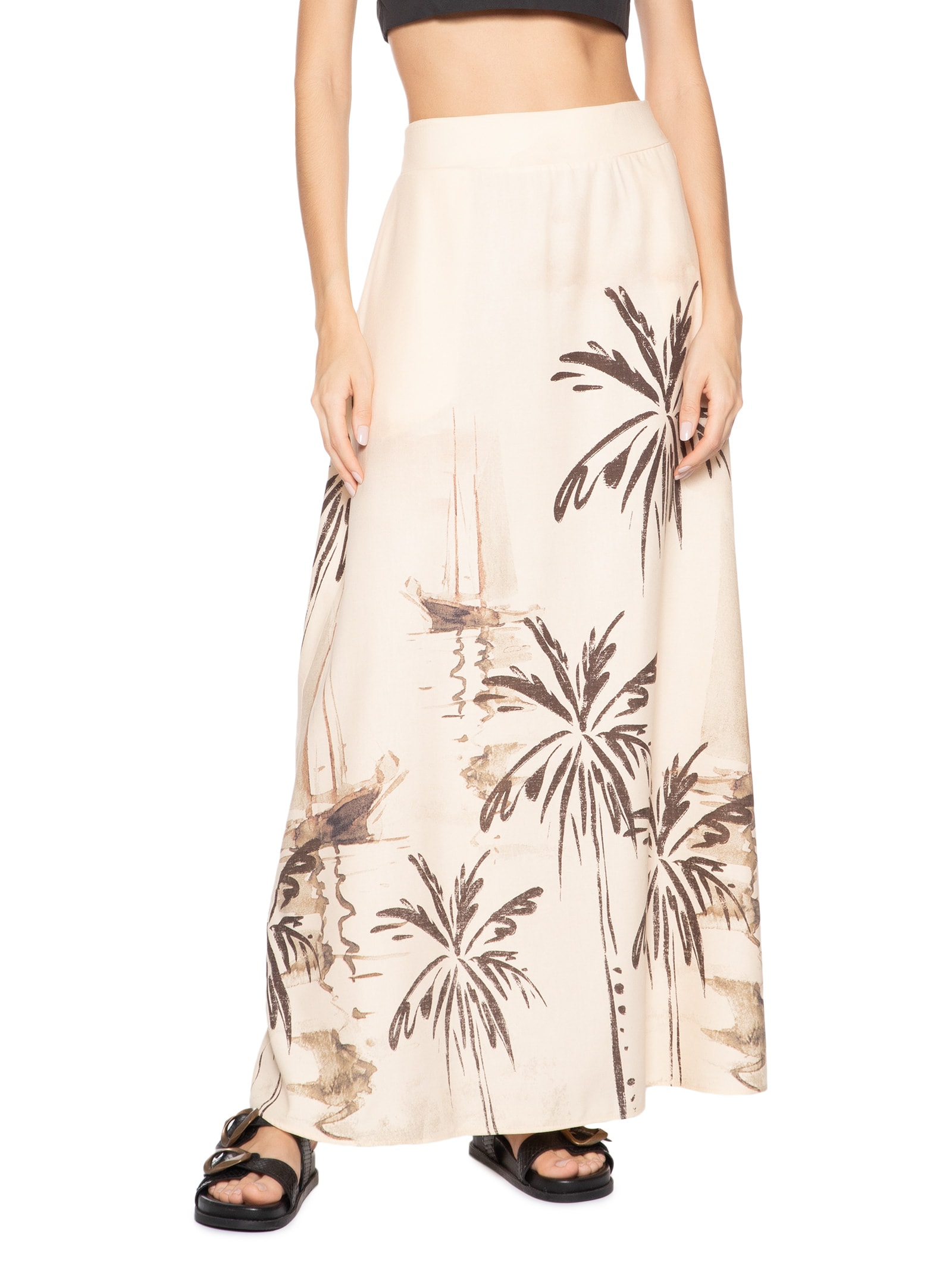 Saia Longa Elástico Costas Estampada Bege Cacay