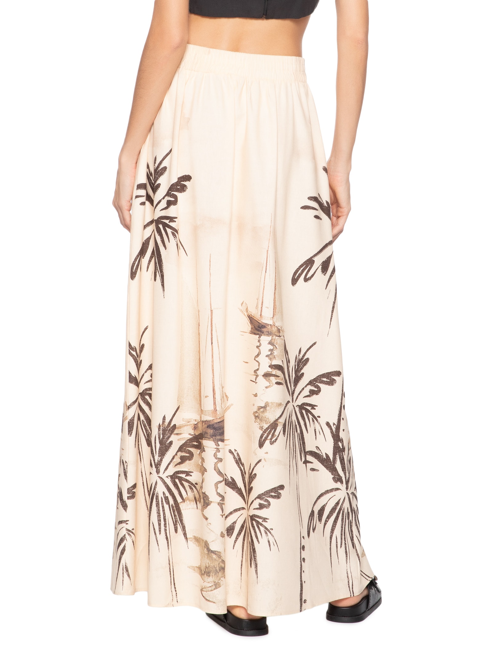 Saia Longa Elástico Costas Estampada Bege Cacay