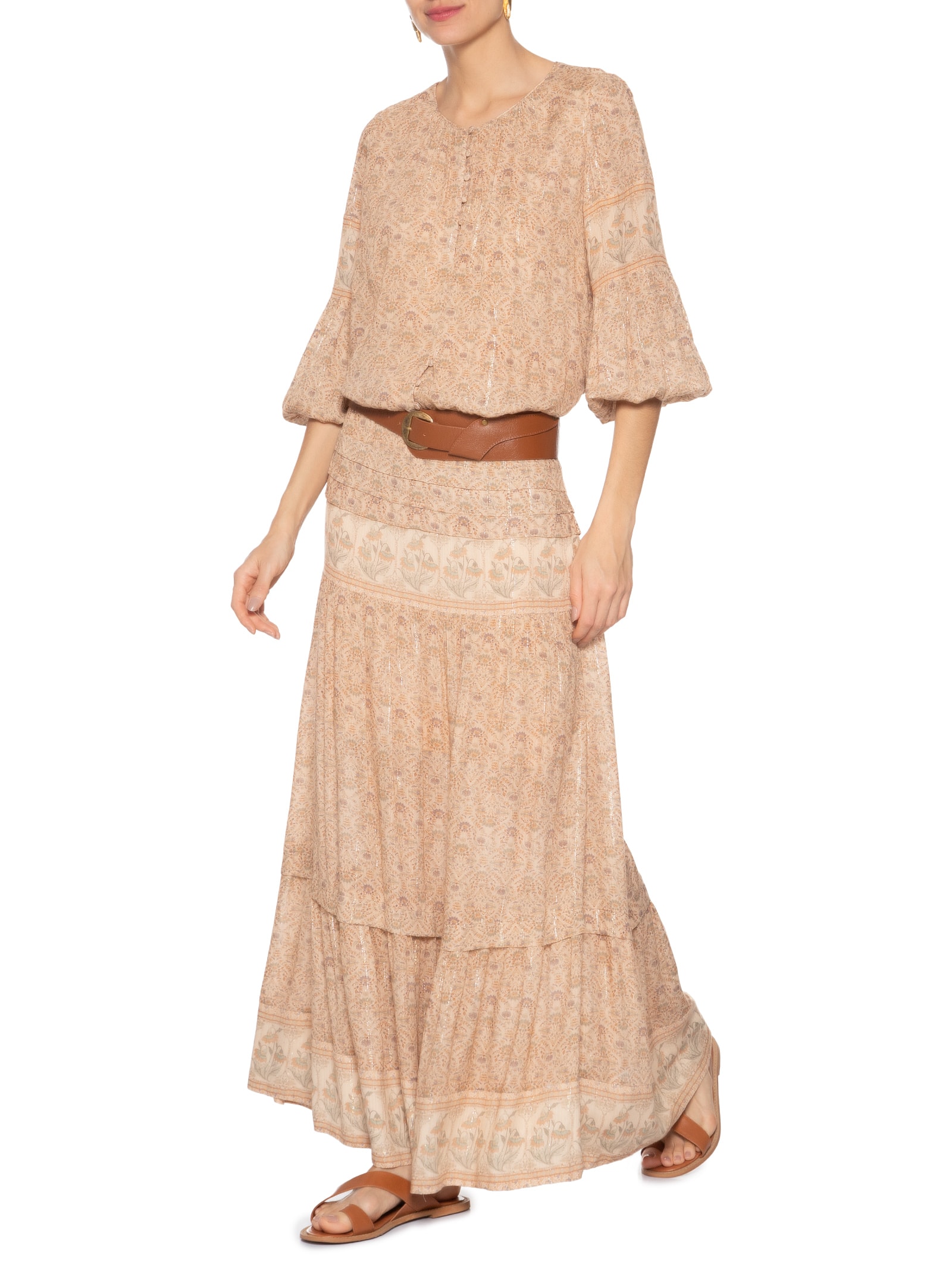 Saia Longa Estampa Florish Bege Maria Filó