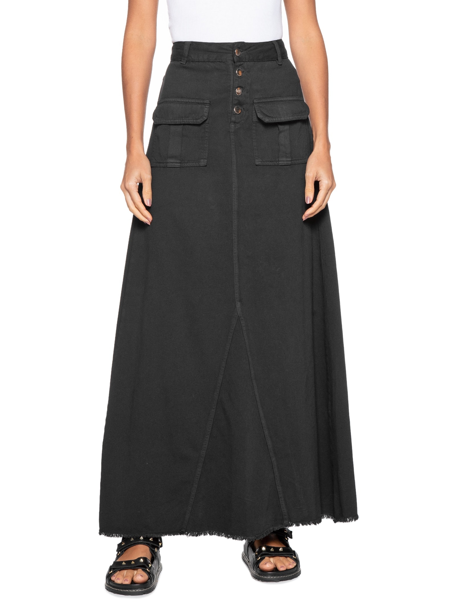 Saia Longa Sarja Com Botões E Bolsos Cargos Preto Basiq