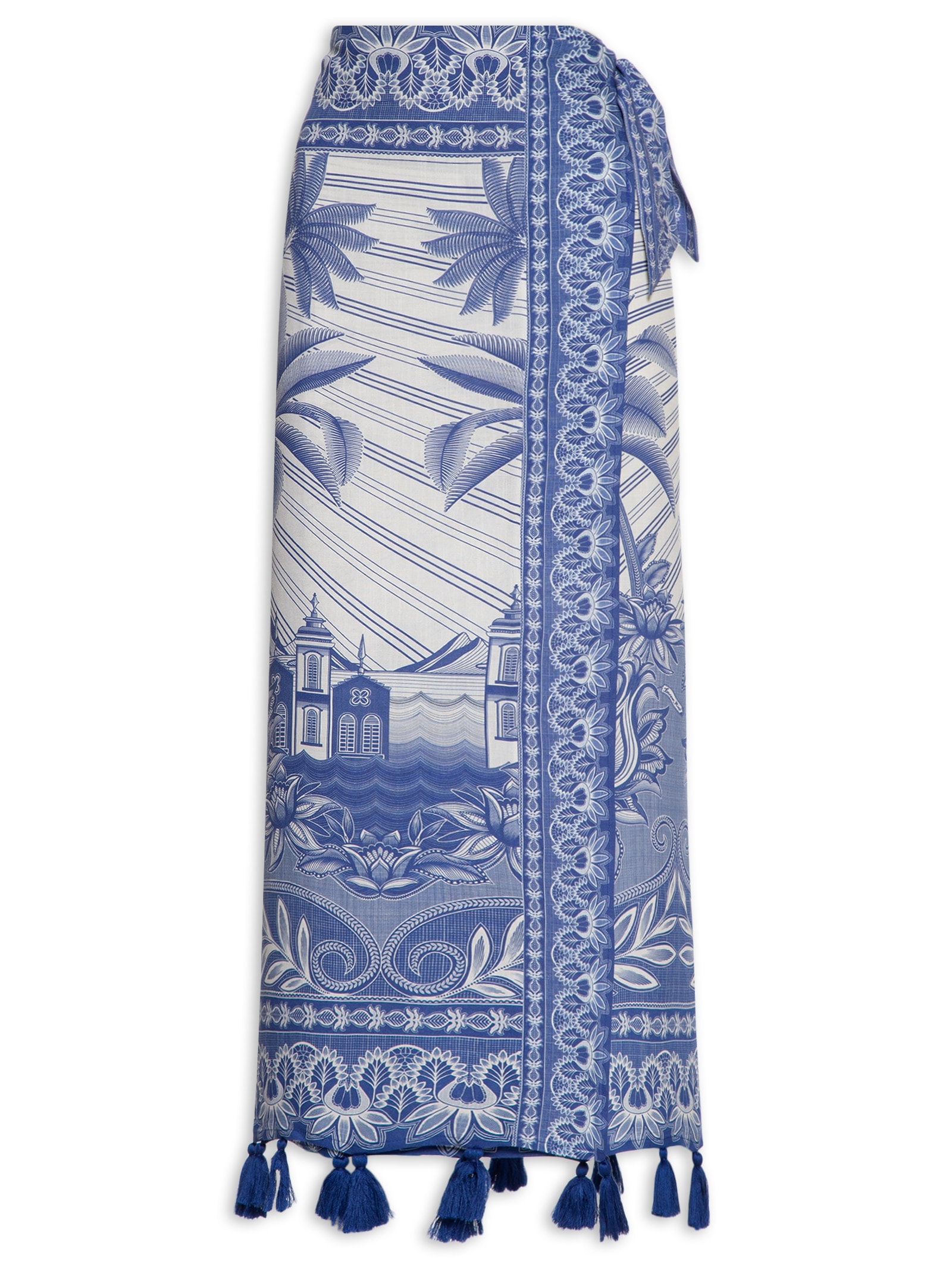 Saia Midi Afeto Tropical Azul Farm Praia