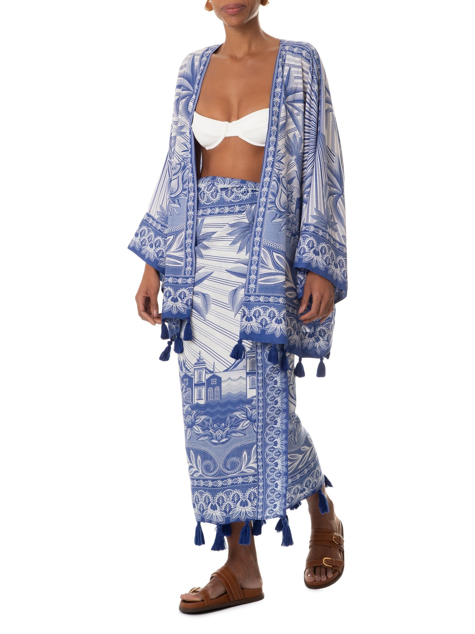 Saia Midi Afeto Tropical Azul Farm Praia