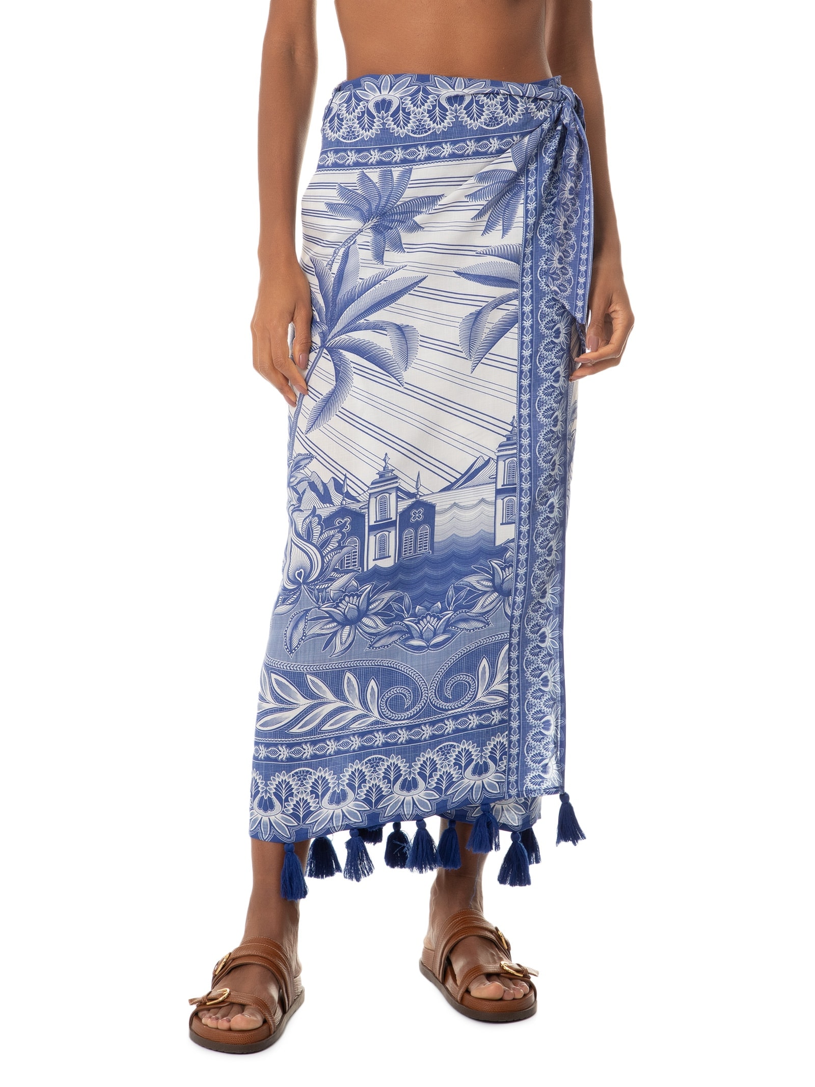 Saia Midi Afeto Tropical Azul Farm Praia