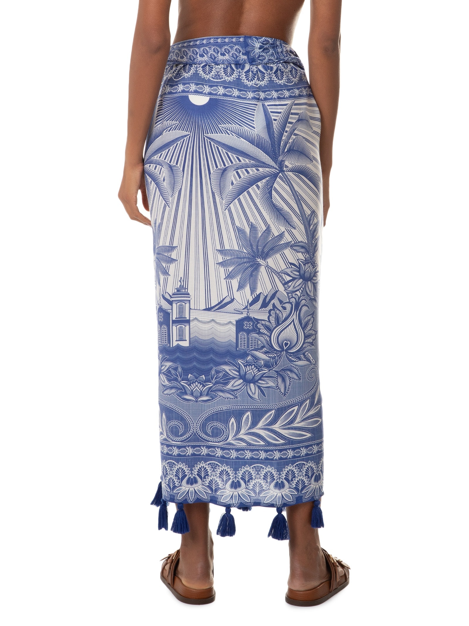 Saia Midi Afeto Tropical Azul Farm Praia