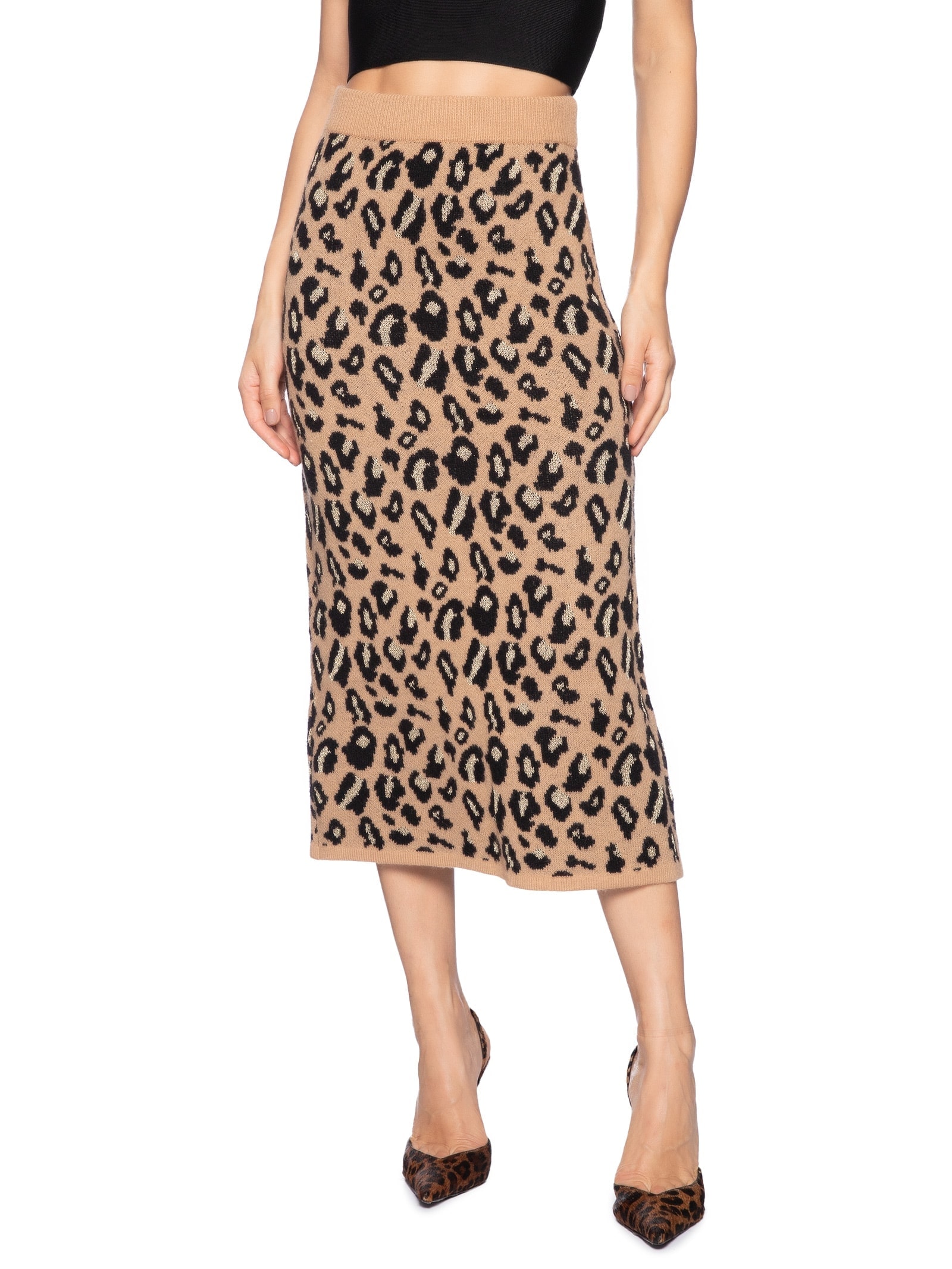Saia Midi Animal Print Em Tricot Bege  Market 33