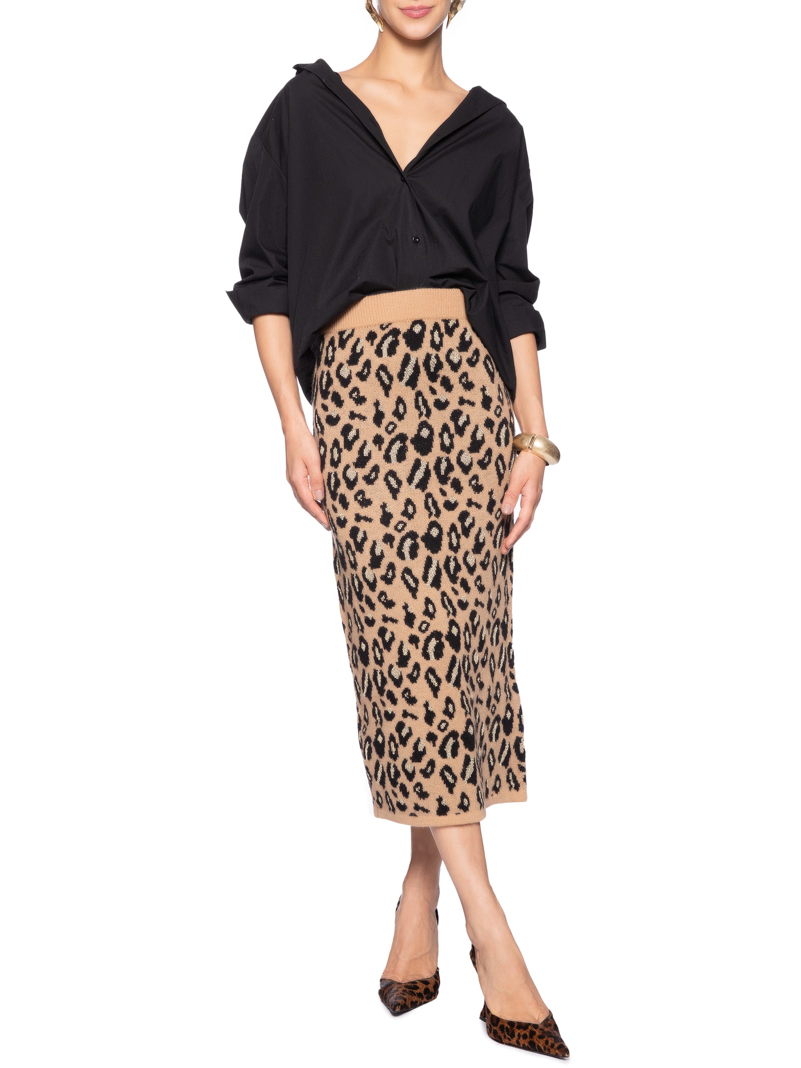 Saia Midi Animal Print Em Tricot Bege  Market 33