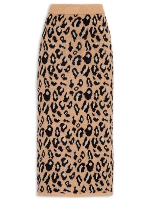 Saia Midi Animal Print Em Tricot – Bege