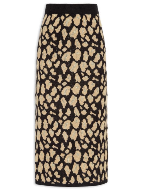 Saia Midi Animal Print Em Tricot – Preto