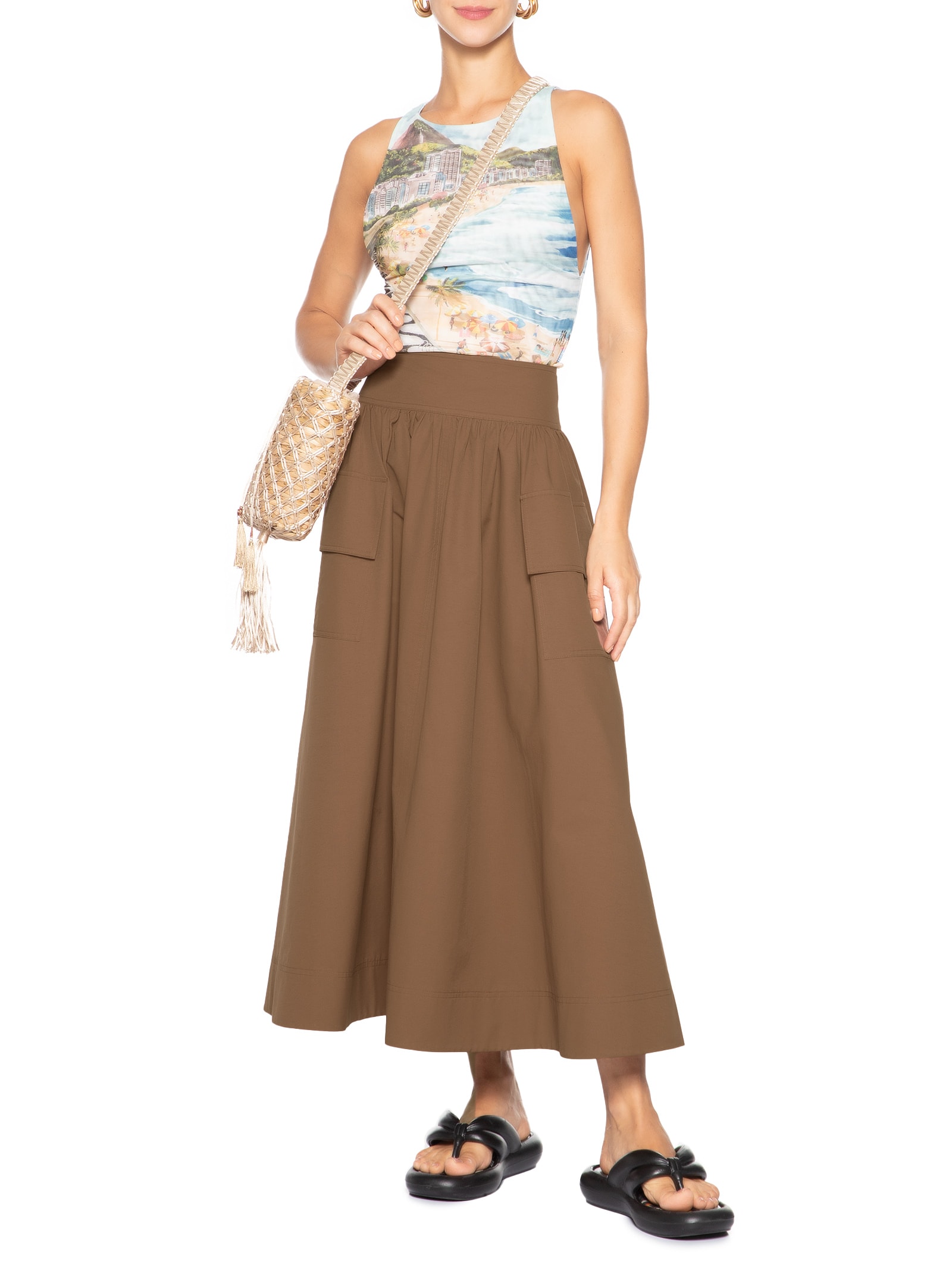 Saia Midi Bolso Marrom Farm