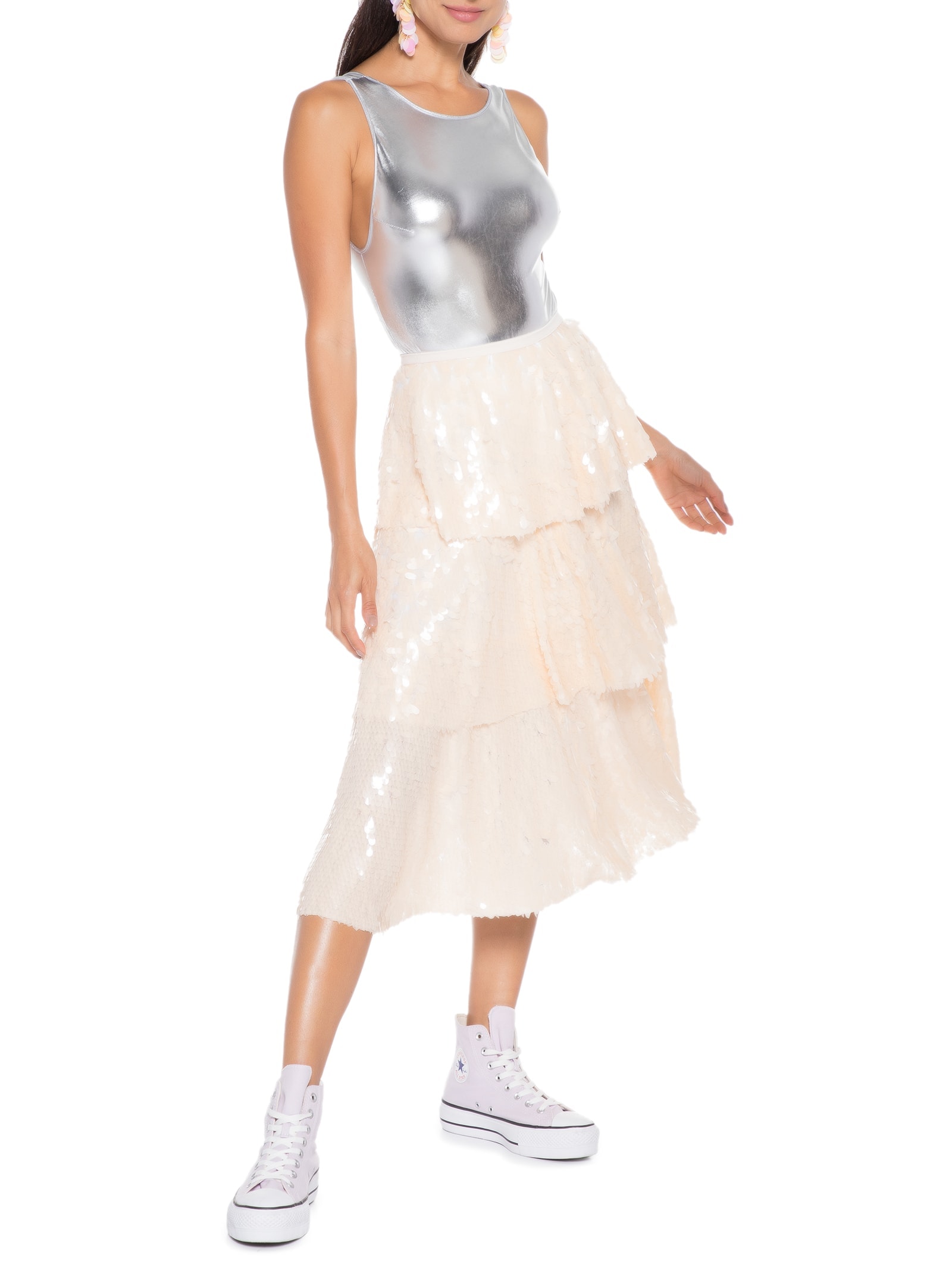 Saia Midi Carnaval Paetê Camadas Bege Market 33