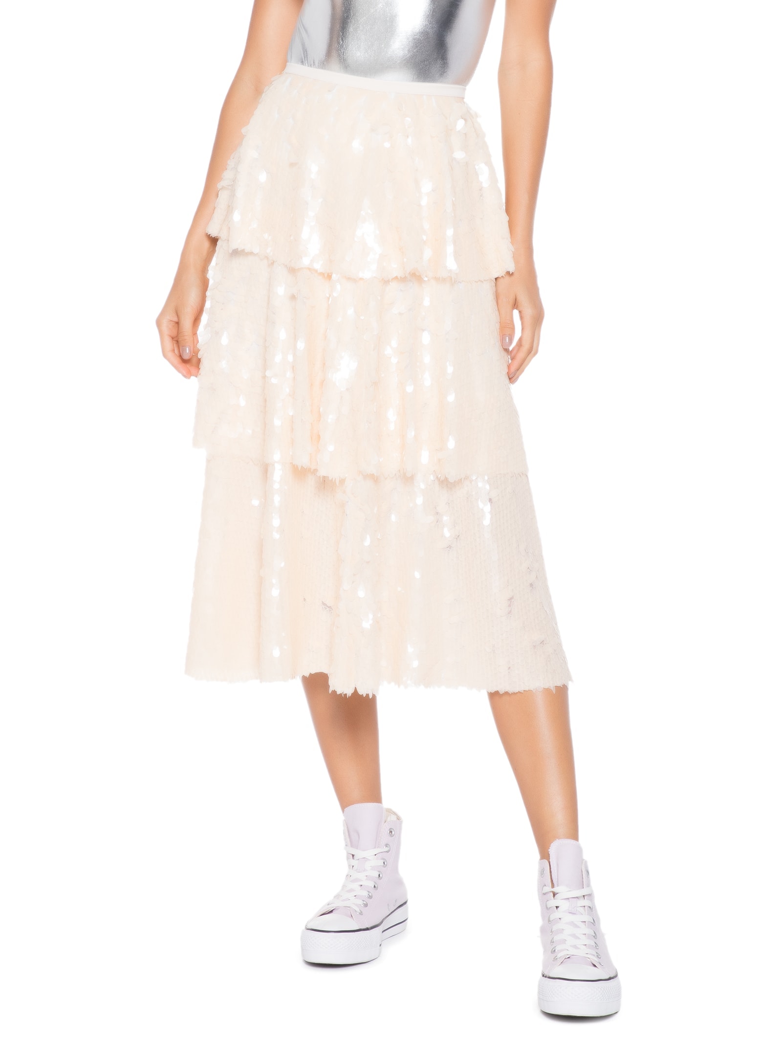 Saia Midi Carnaval Paetê Camadas Bege Market 33