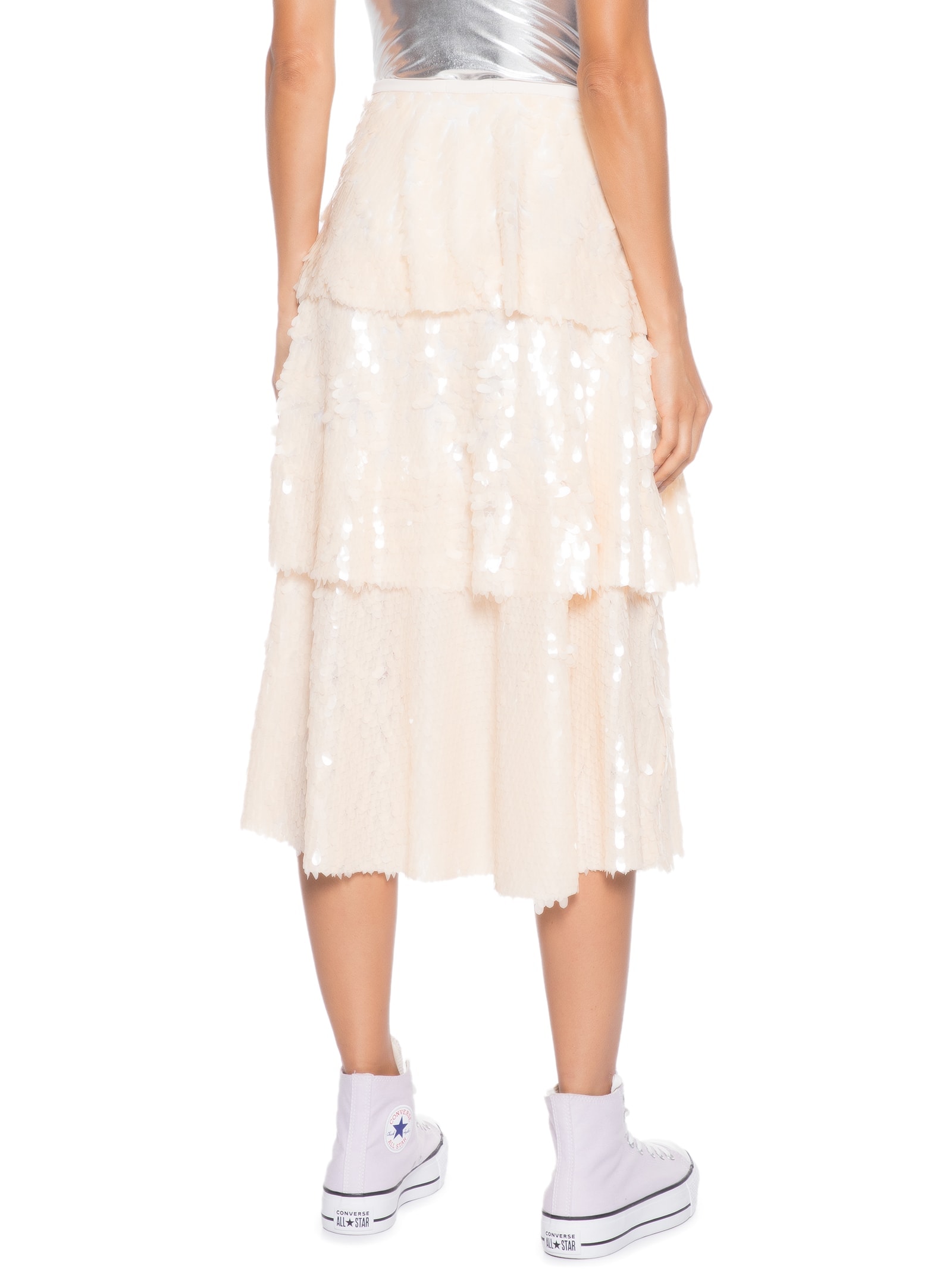 Saia Midi Carnaval Paetê Camadas Bege Market 33