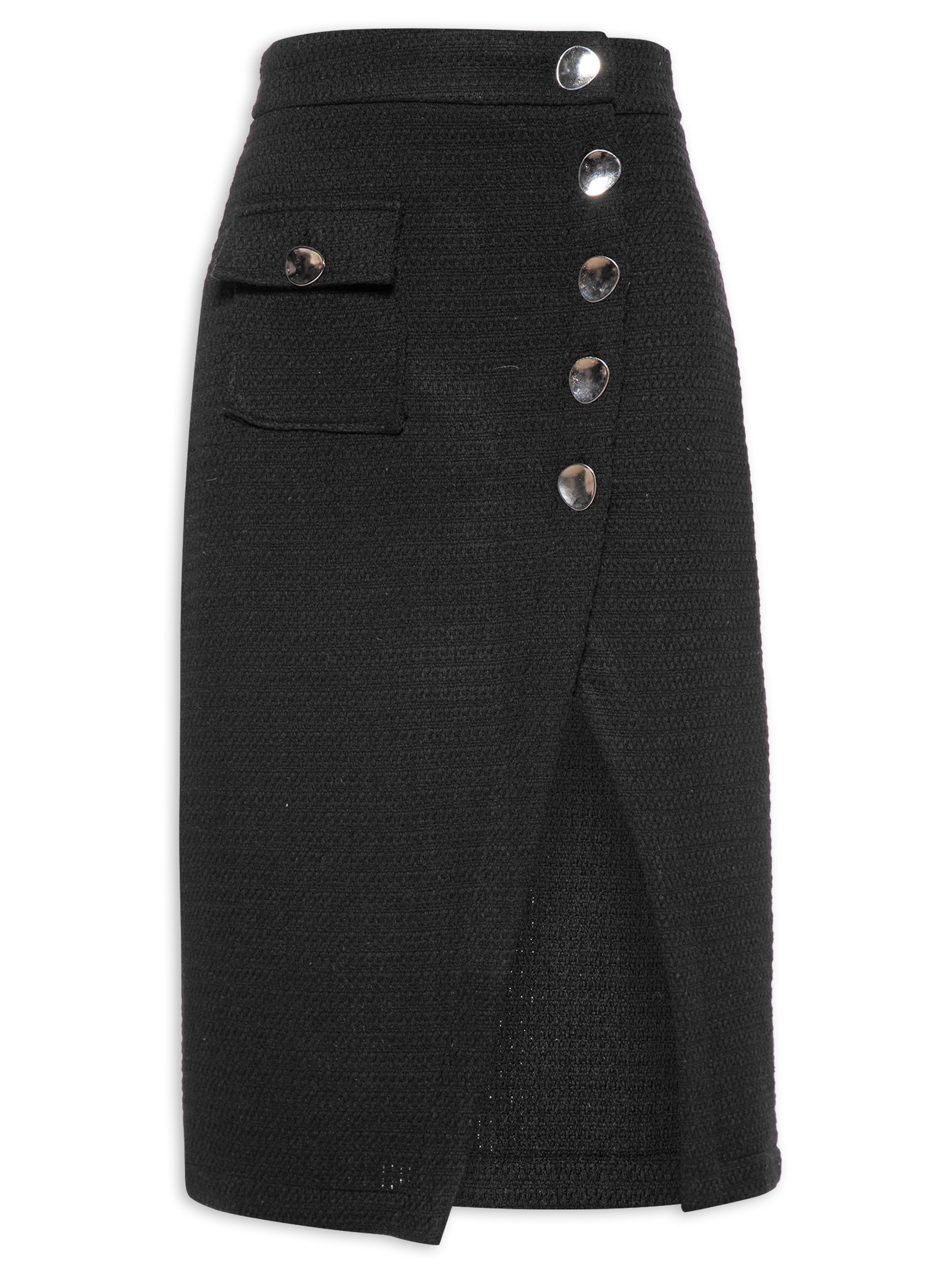 Saia Midi Cintura Alta Em Tweed Transpassada Preto '2Essential