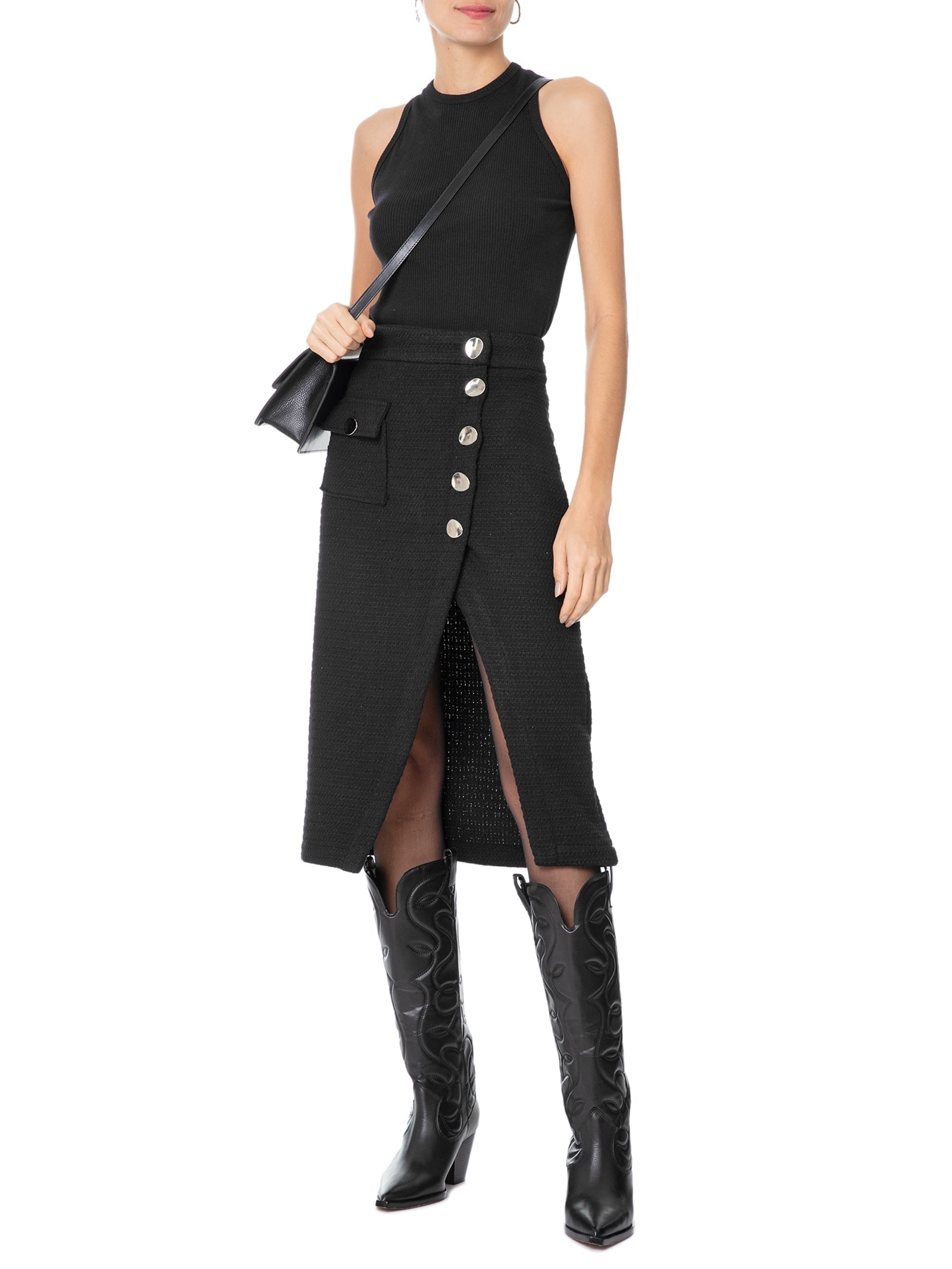 Saia Midi Cintura Alta Em Tweed Transpassada Preto '2Essential