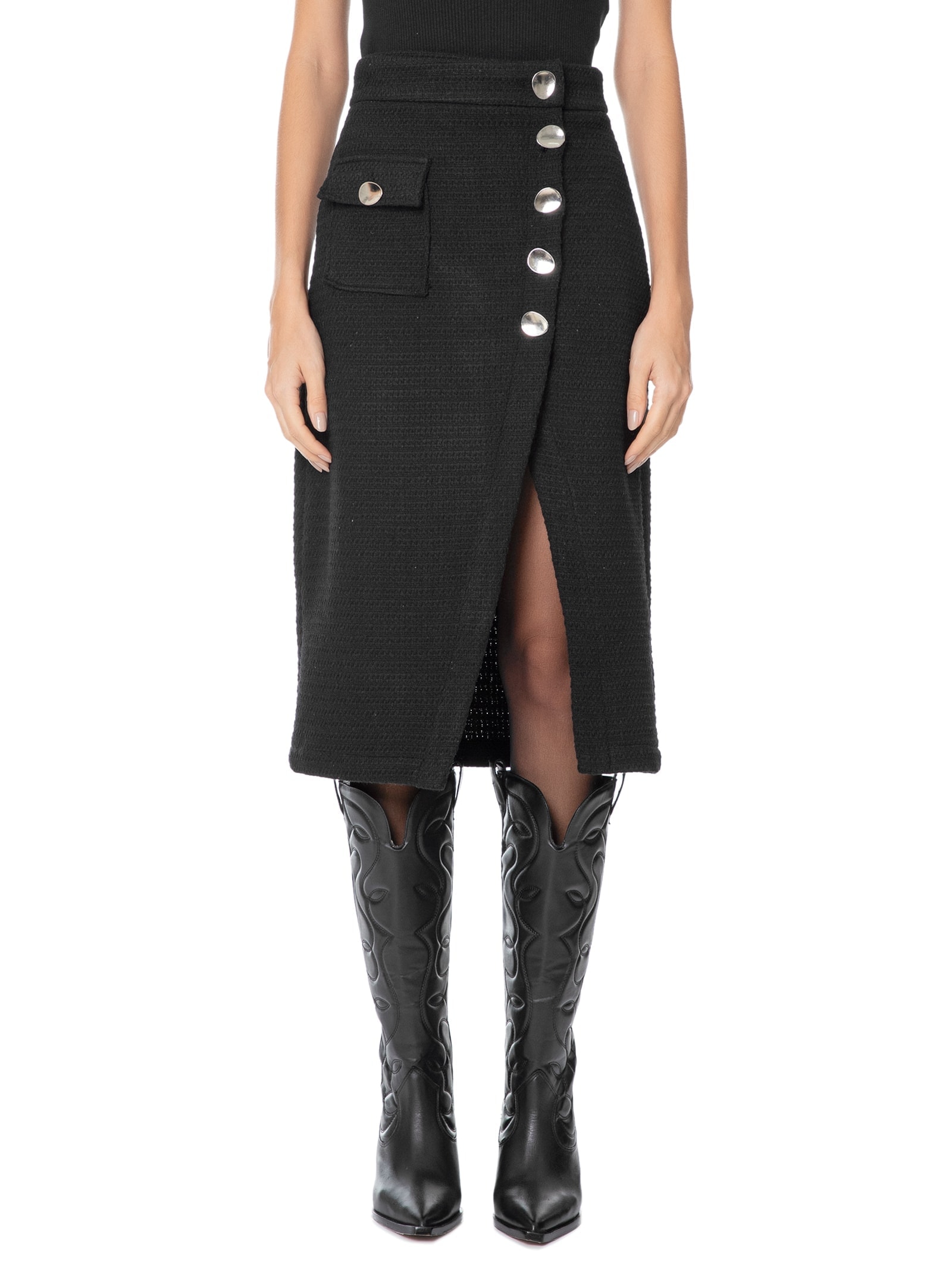 Saia Midi Cintura Alta Em Tweed Transpassada Preto '2Essential