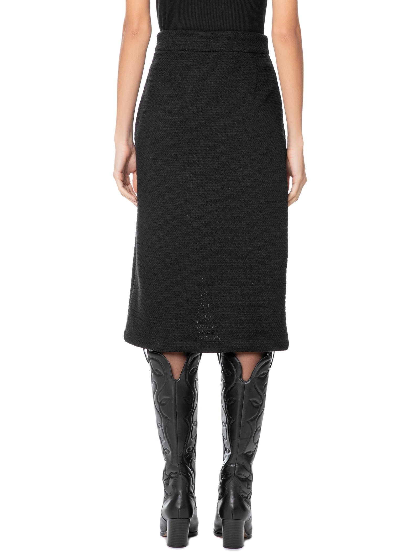 Saia Midi Cintura Alta Em Tweed Transpassada Preto '2Essential