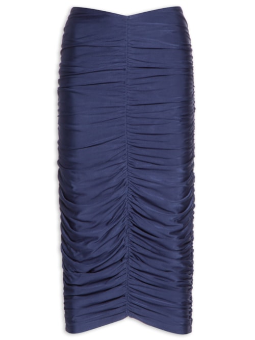 Saia Midi Cintura Alta Franzida – Azul