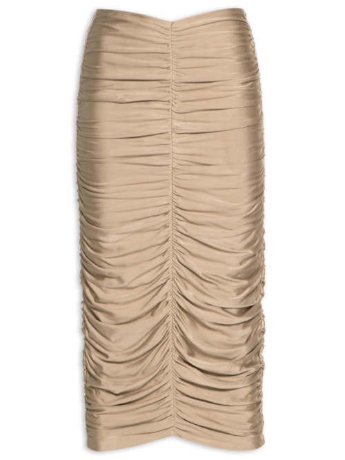 Saia Midi Cintura Alta Franzida – Bege