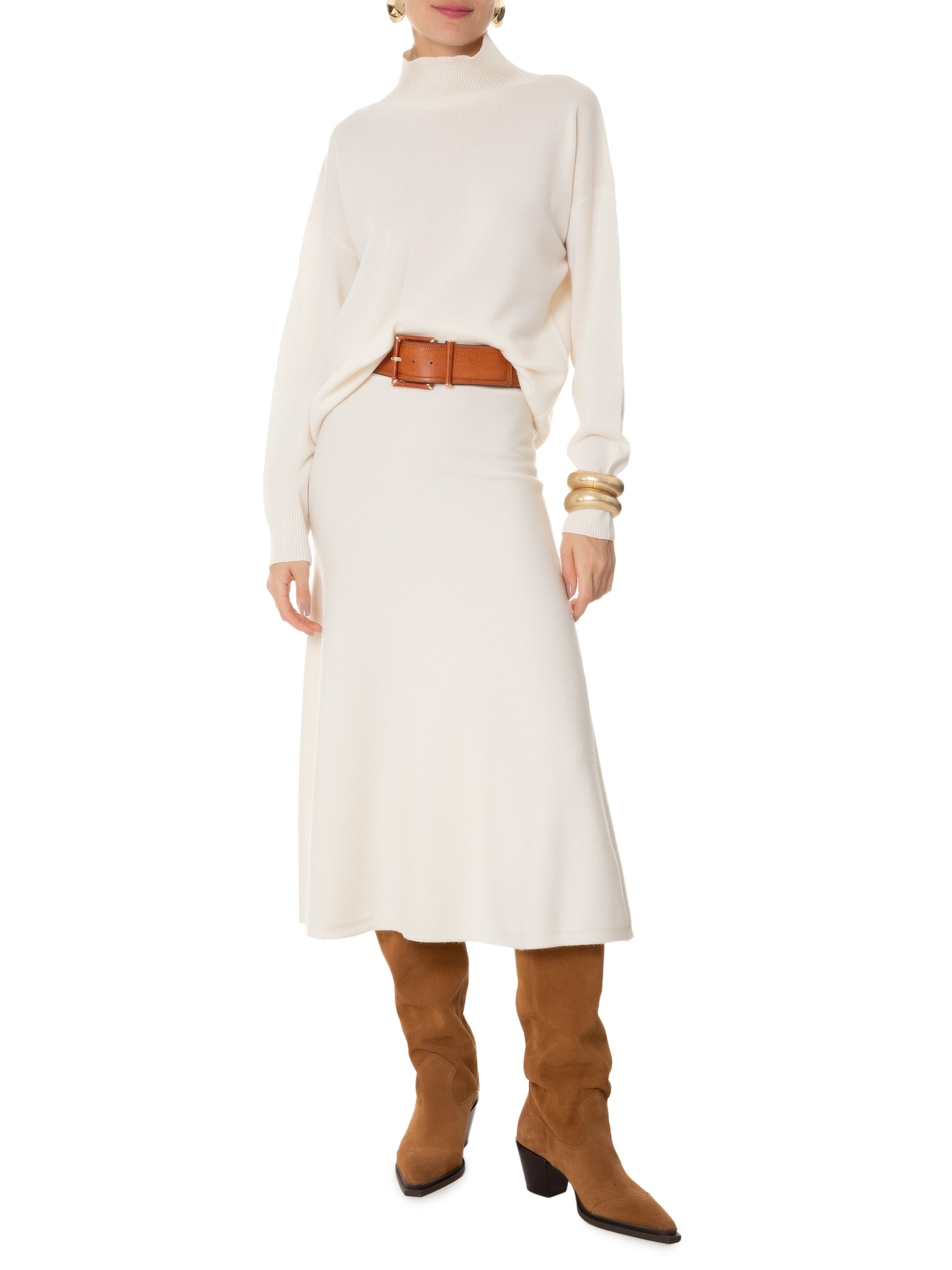 Saia Midi Com Blend de Lã e Cashmere Off White '2Essential